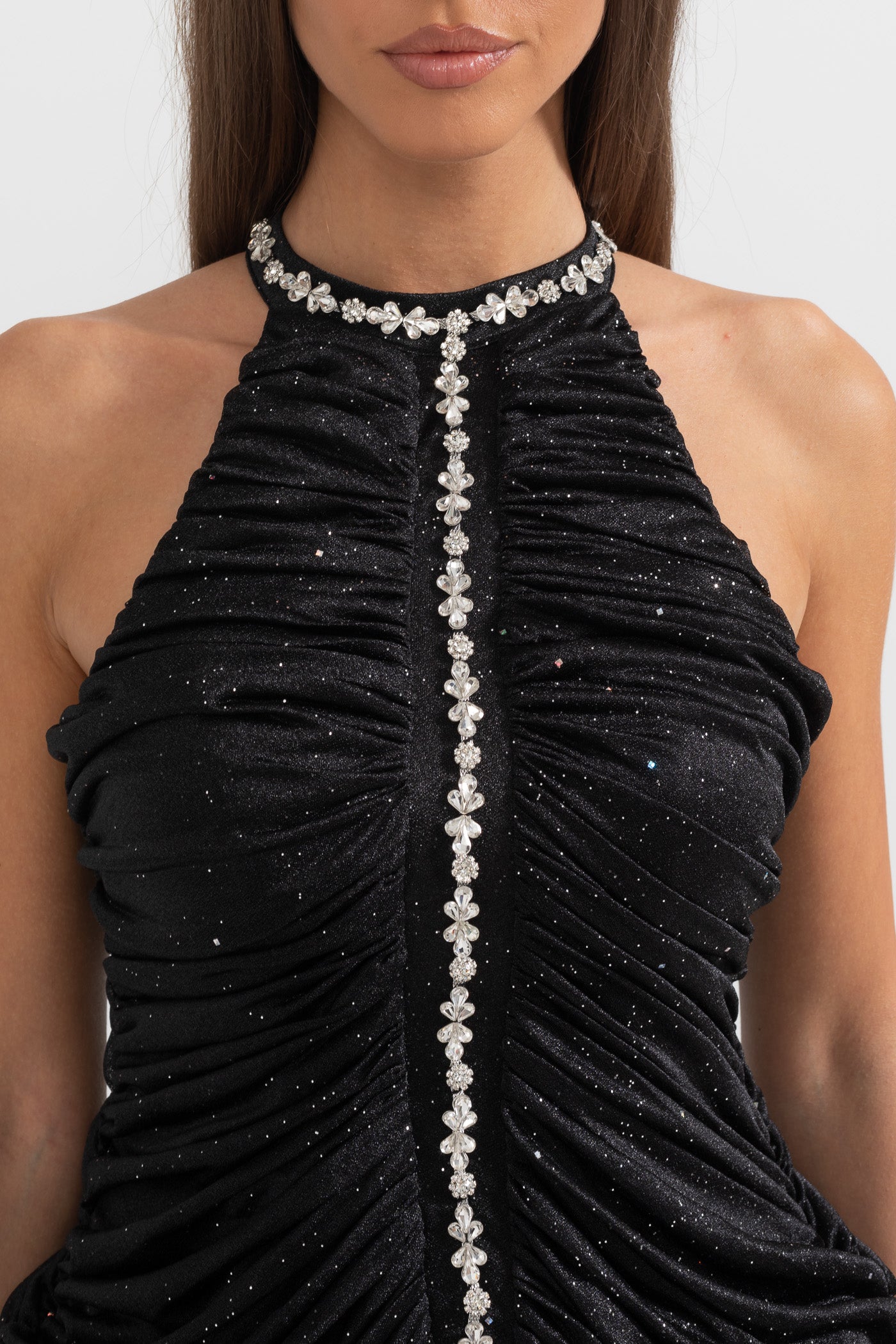 Sleeveless Halter Dress with Pearl Accents - Black