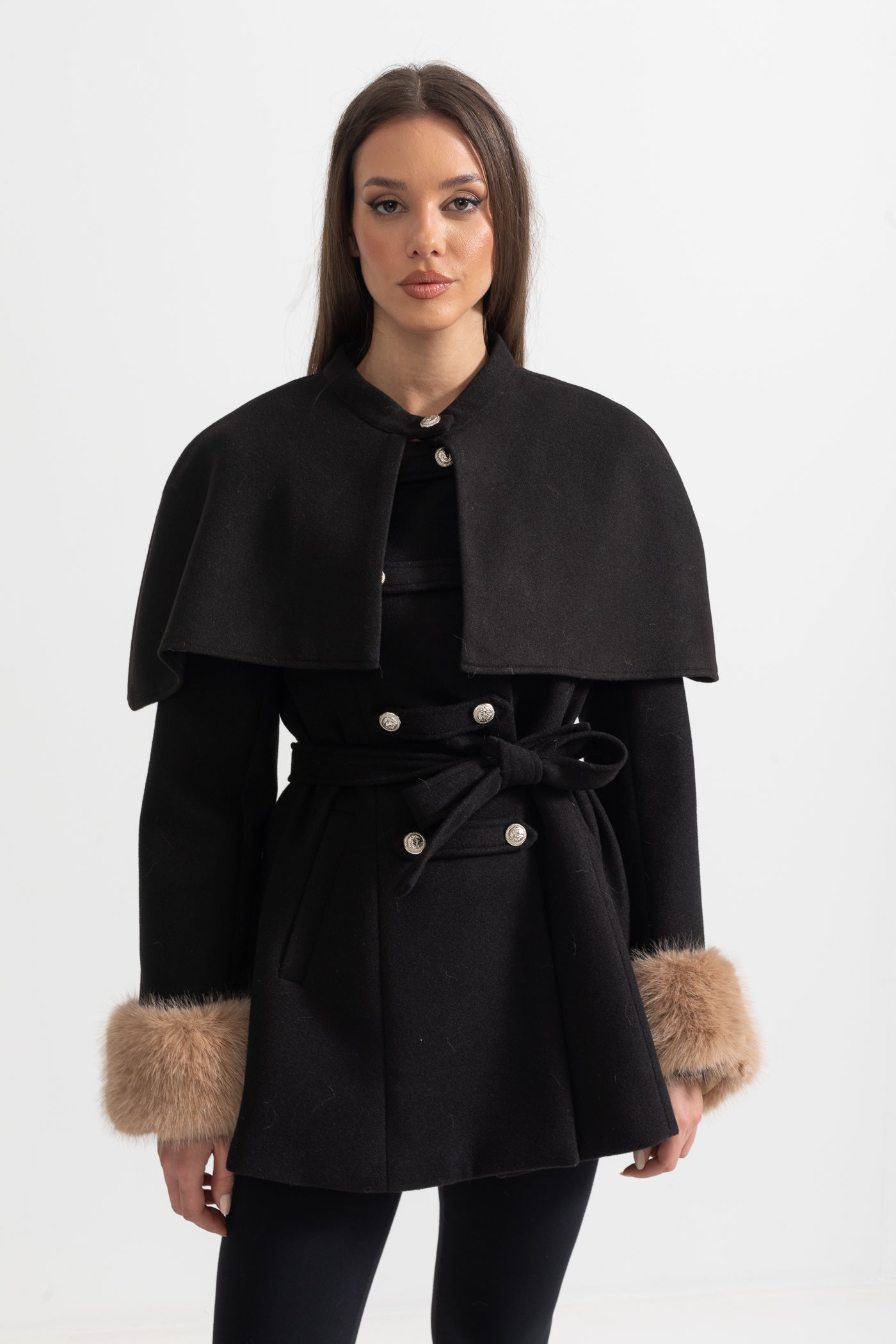 Double-Breasted Trench Coat With Detachable Cape - Black