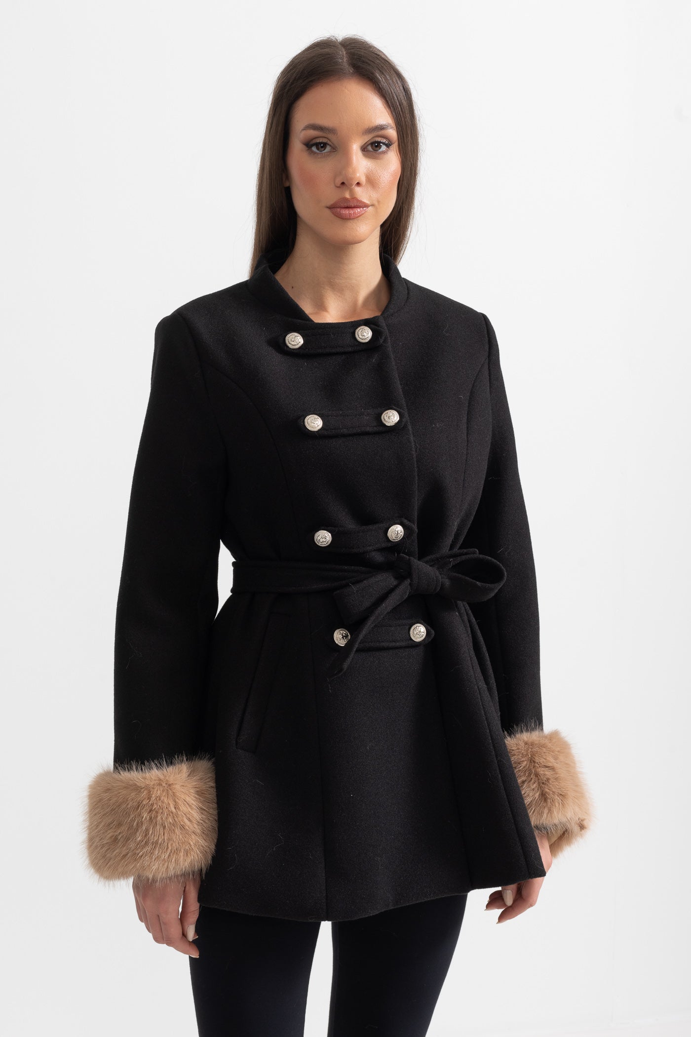 Double-Breasted Trench Coat With Detachable Cape - Black