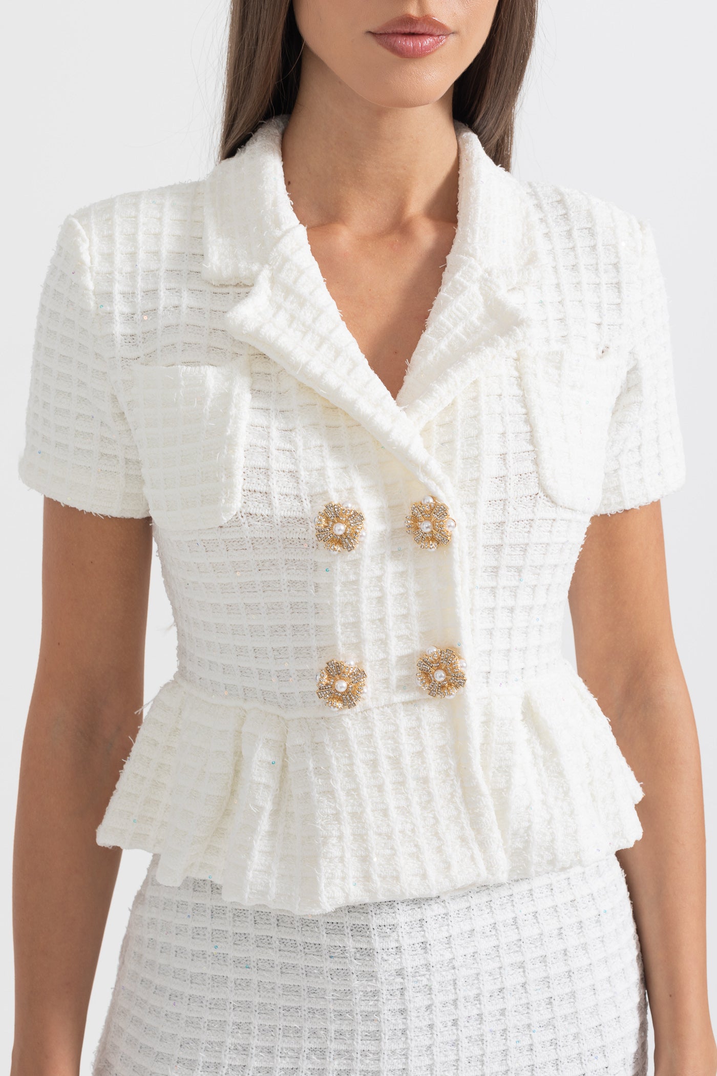 Knitted Midi Dress With Gold Buttons And Peplum Waist - White