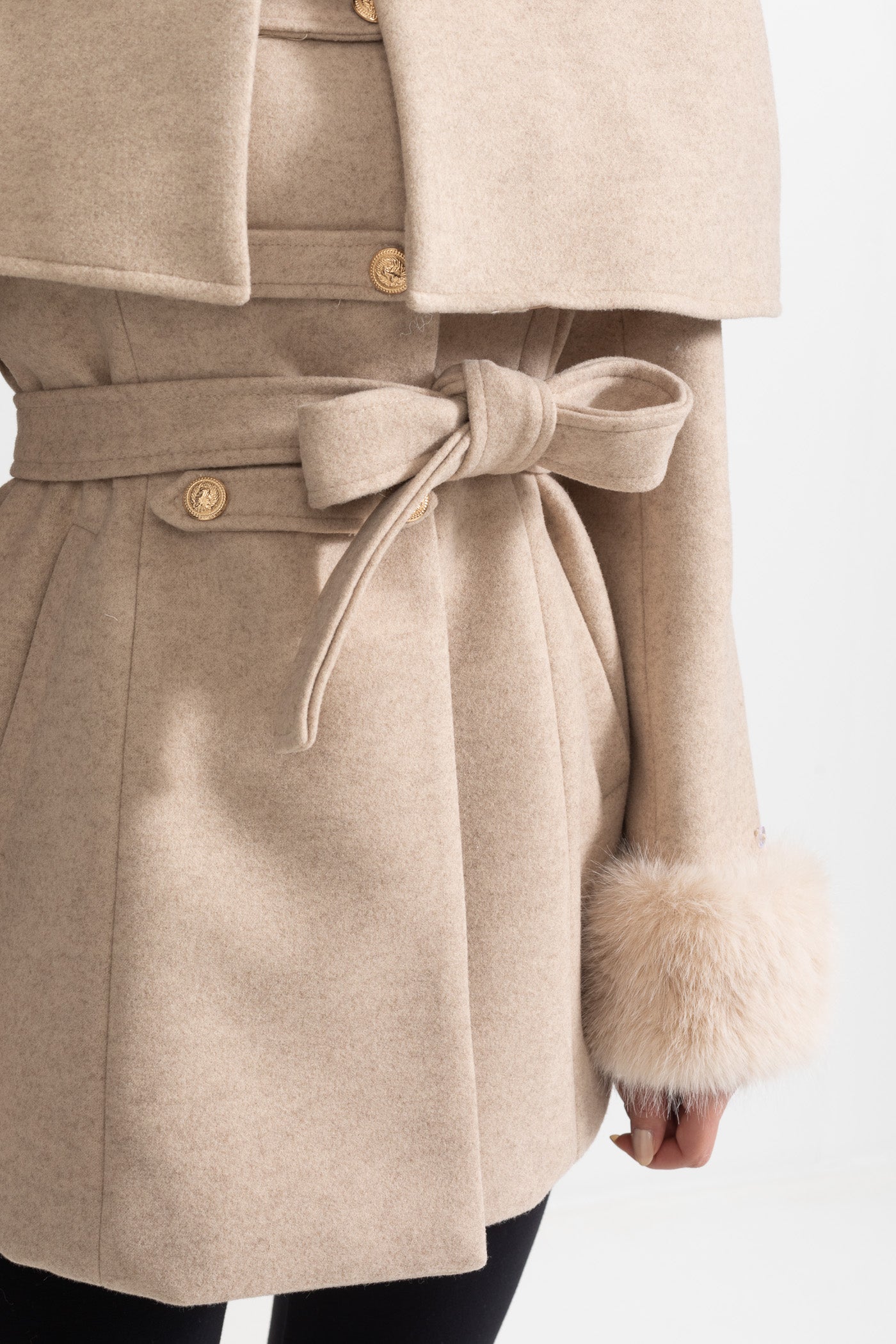 Double-Breasted Trench Coat With Detachable Cape - Beige