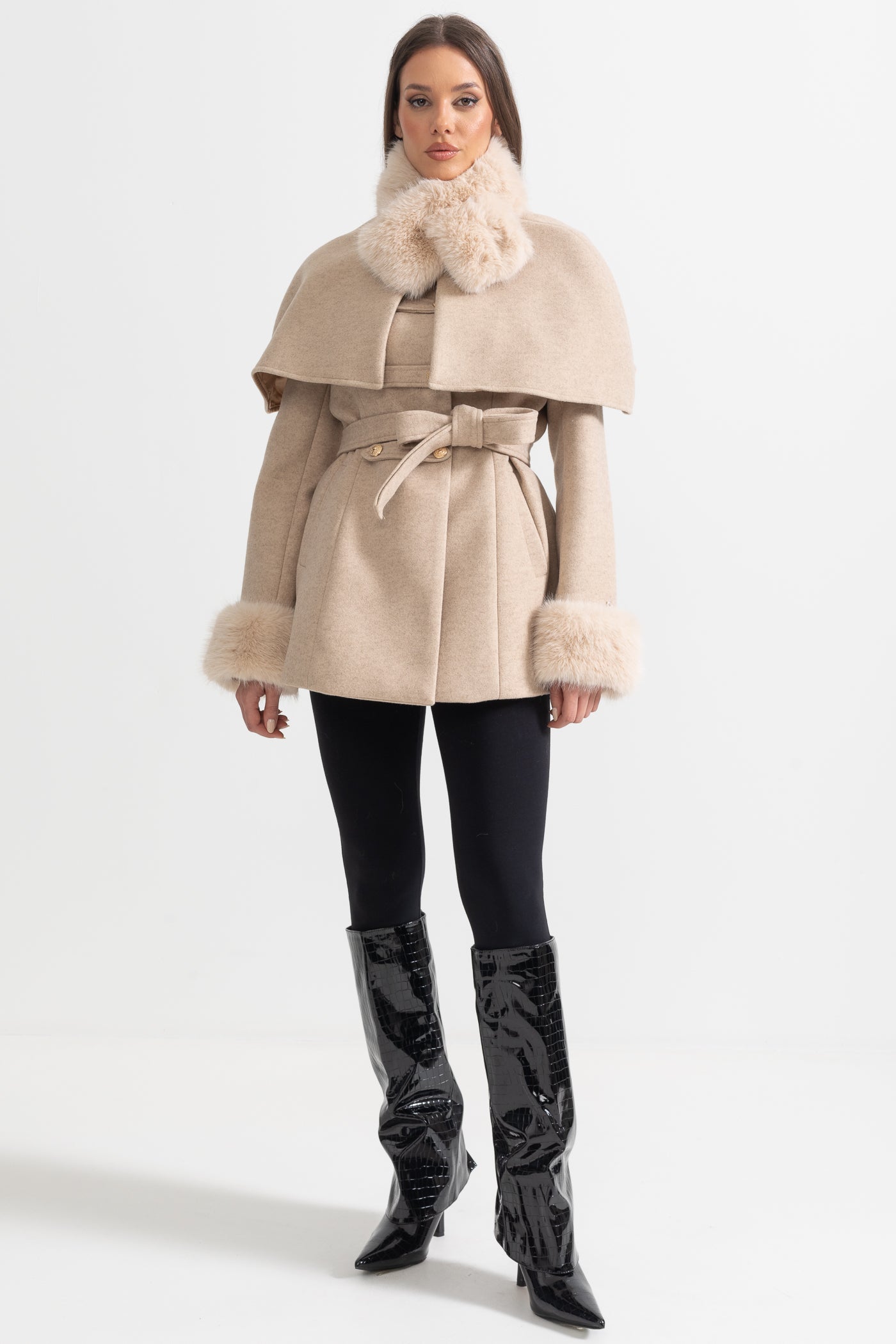 Double-Breasted Trench Coat With Detachable Cape - Beige