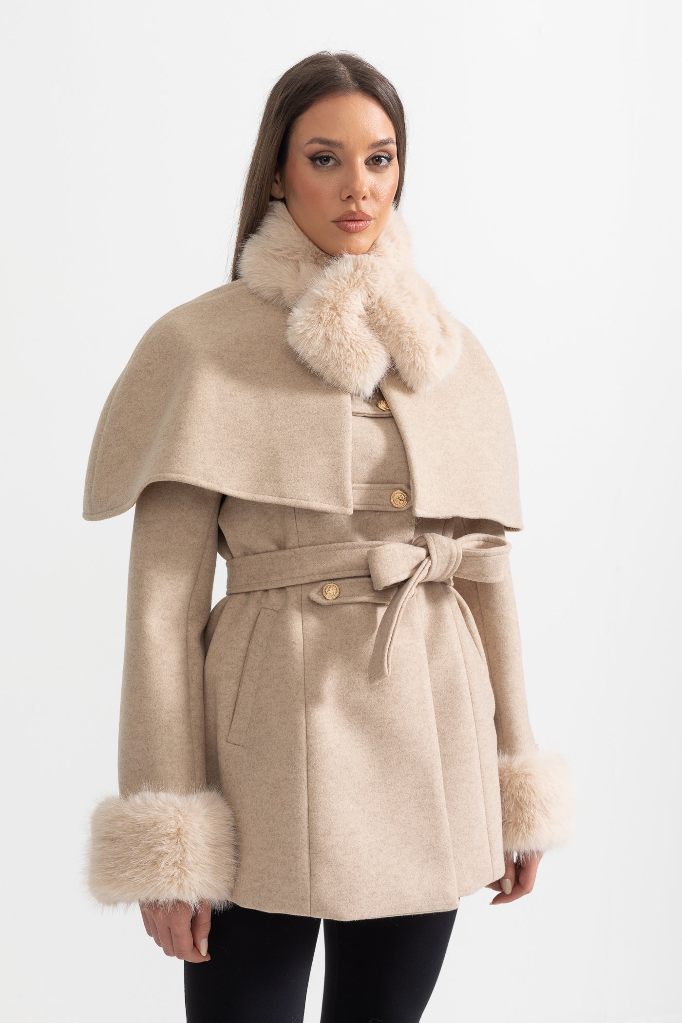 Double-Breasted Trench Coat With Detachable Cape - Beige