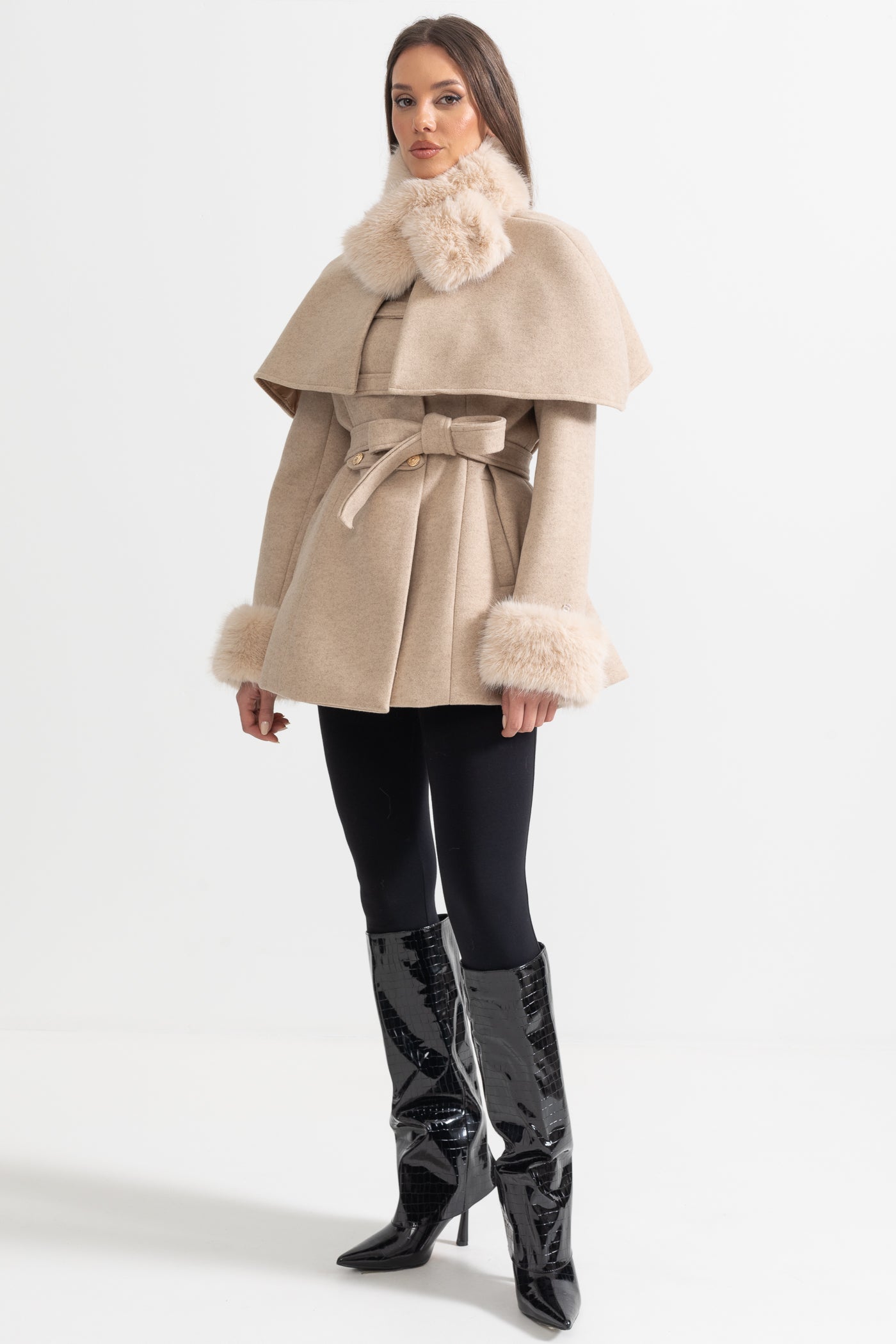 Double-Breasted Trench Coat With Detachable Cape - Beige