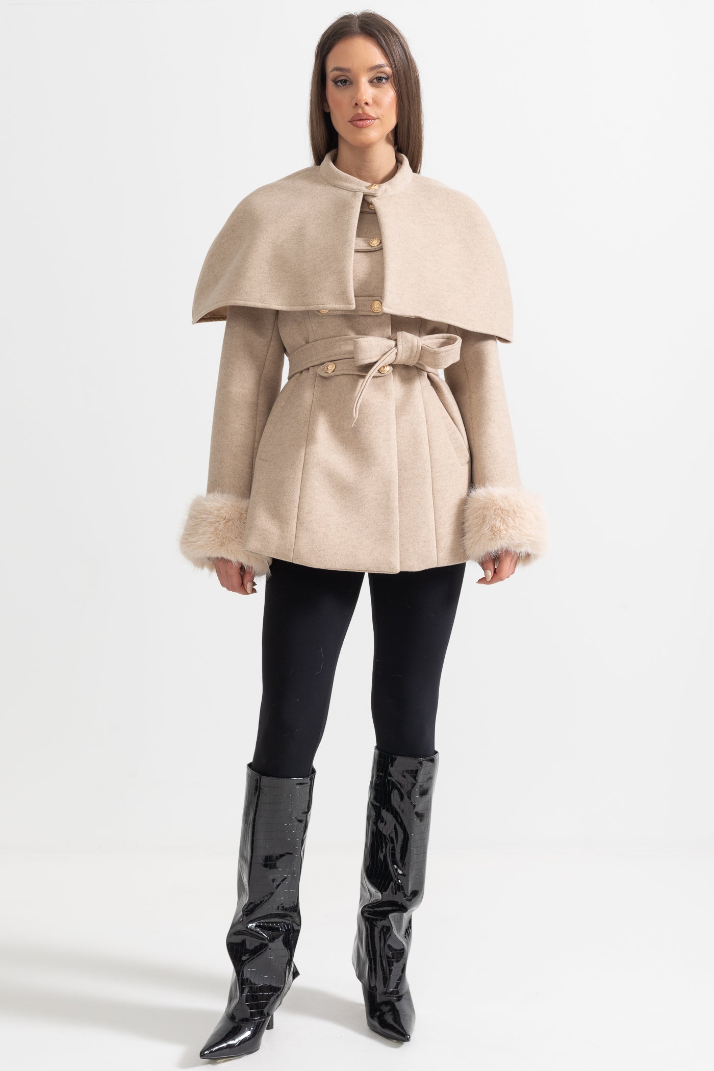 Double-Breasted Trench Coat With Detachable Cape - Beige