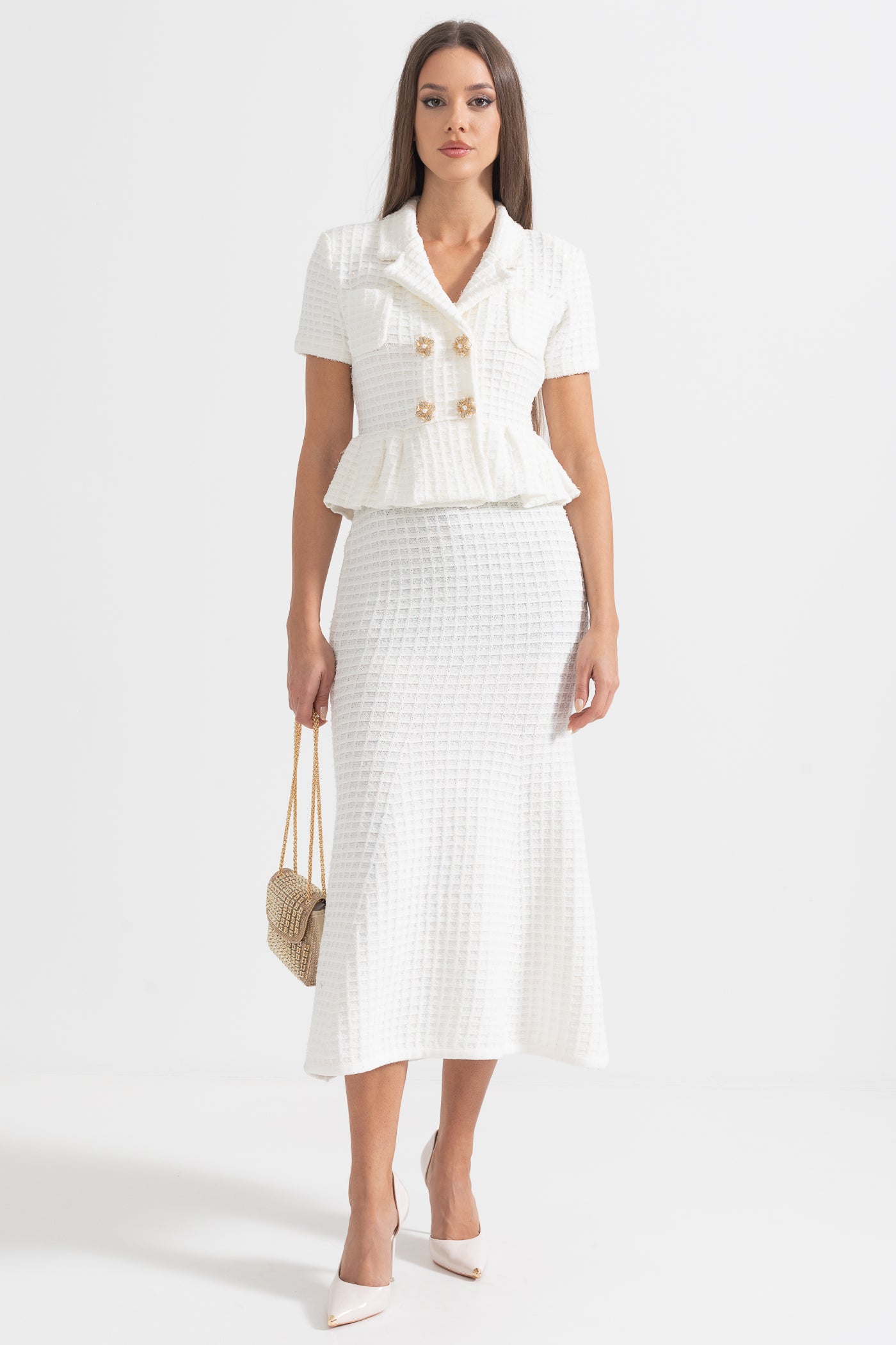 Knitted Midi Dress With Gold Buttons And Peplum Waist - White