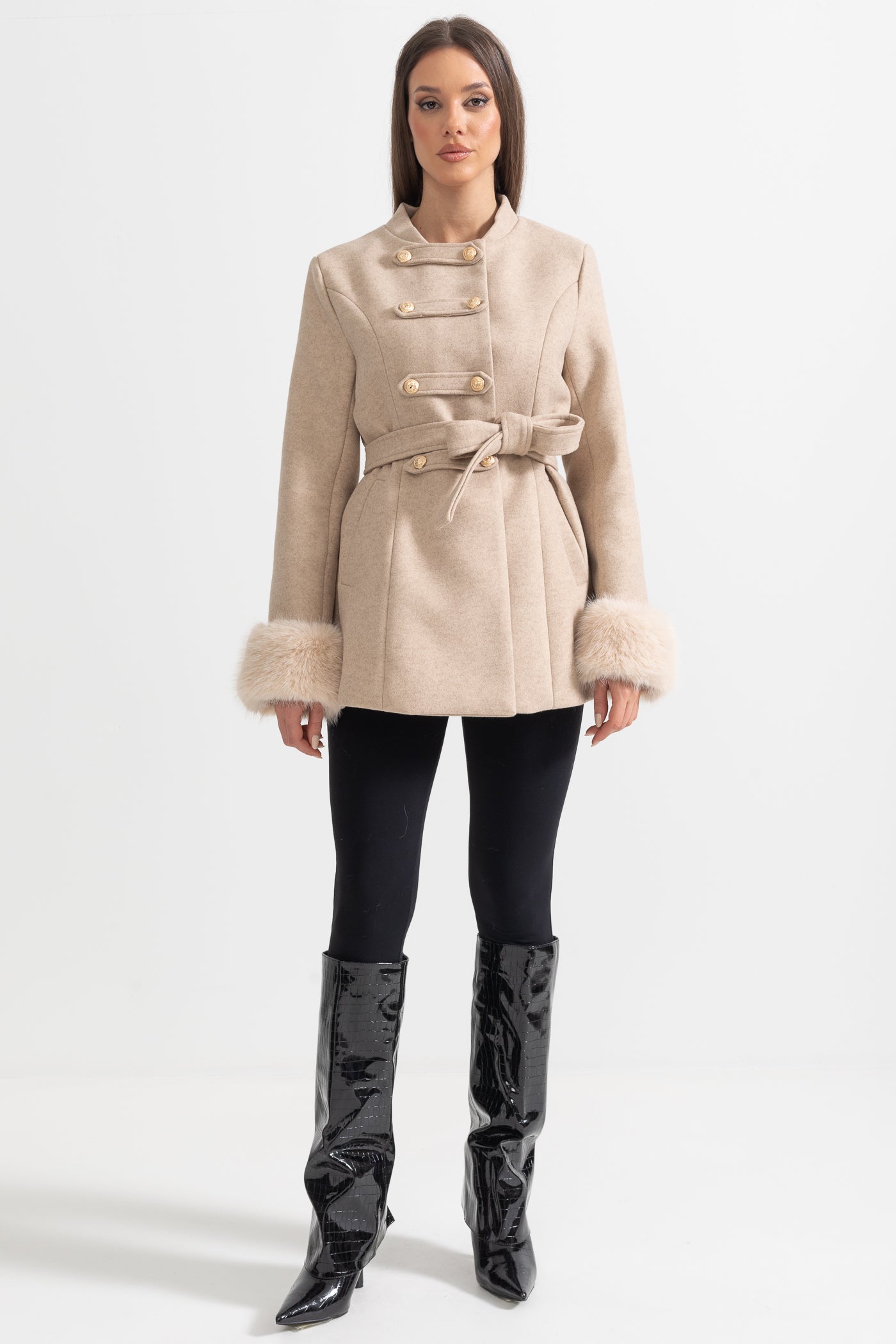 Double-Breasted Trench Coat With Detachable Cape - Beige