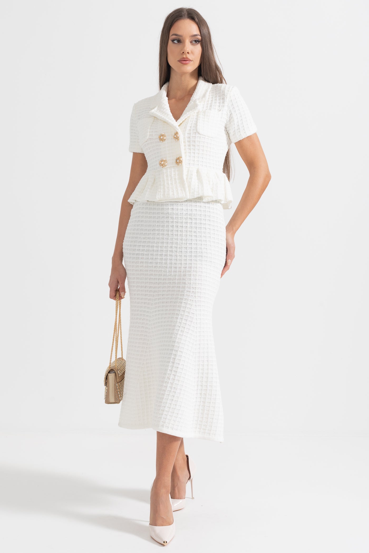 Knitted Midi Dress With Gold Buttons And Peplum Waist - White