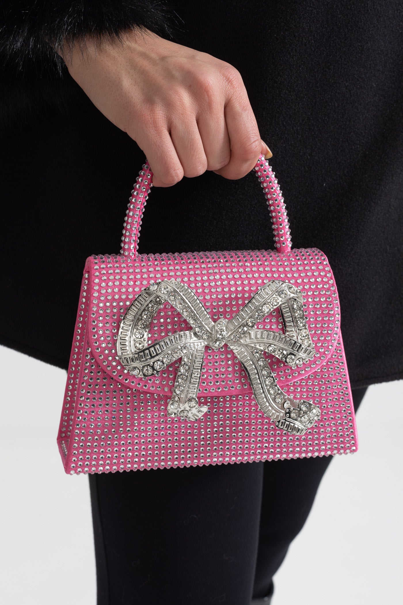 Sparkling Rhinestone Clutch With Decorative Metallic Bow - Pink