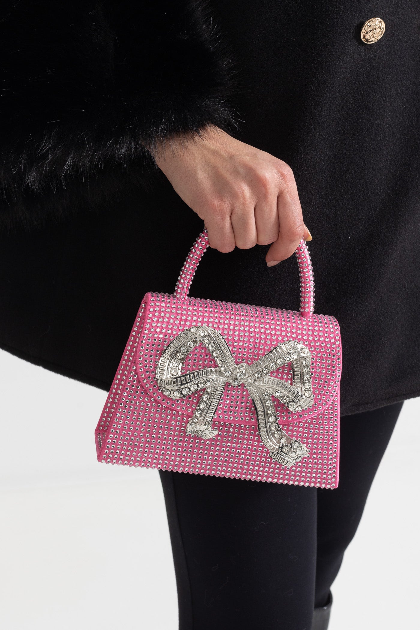 Sparkling Rhinestone Clutch With Decorative Metallic Bow - Pink