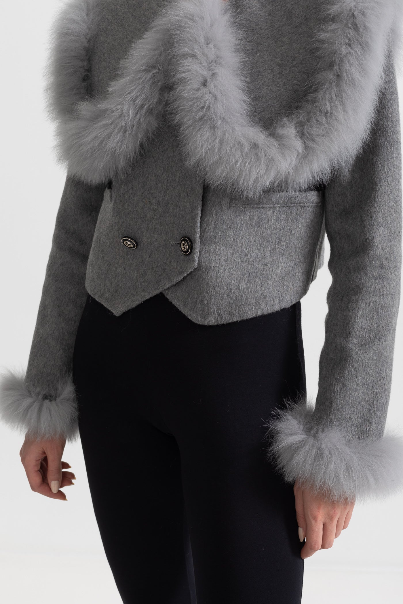 Double Breasted Cropped Jacket With Fur Collar Embellishment - Gray