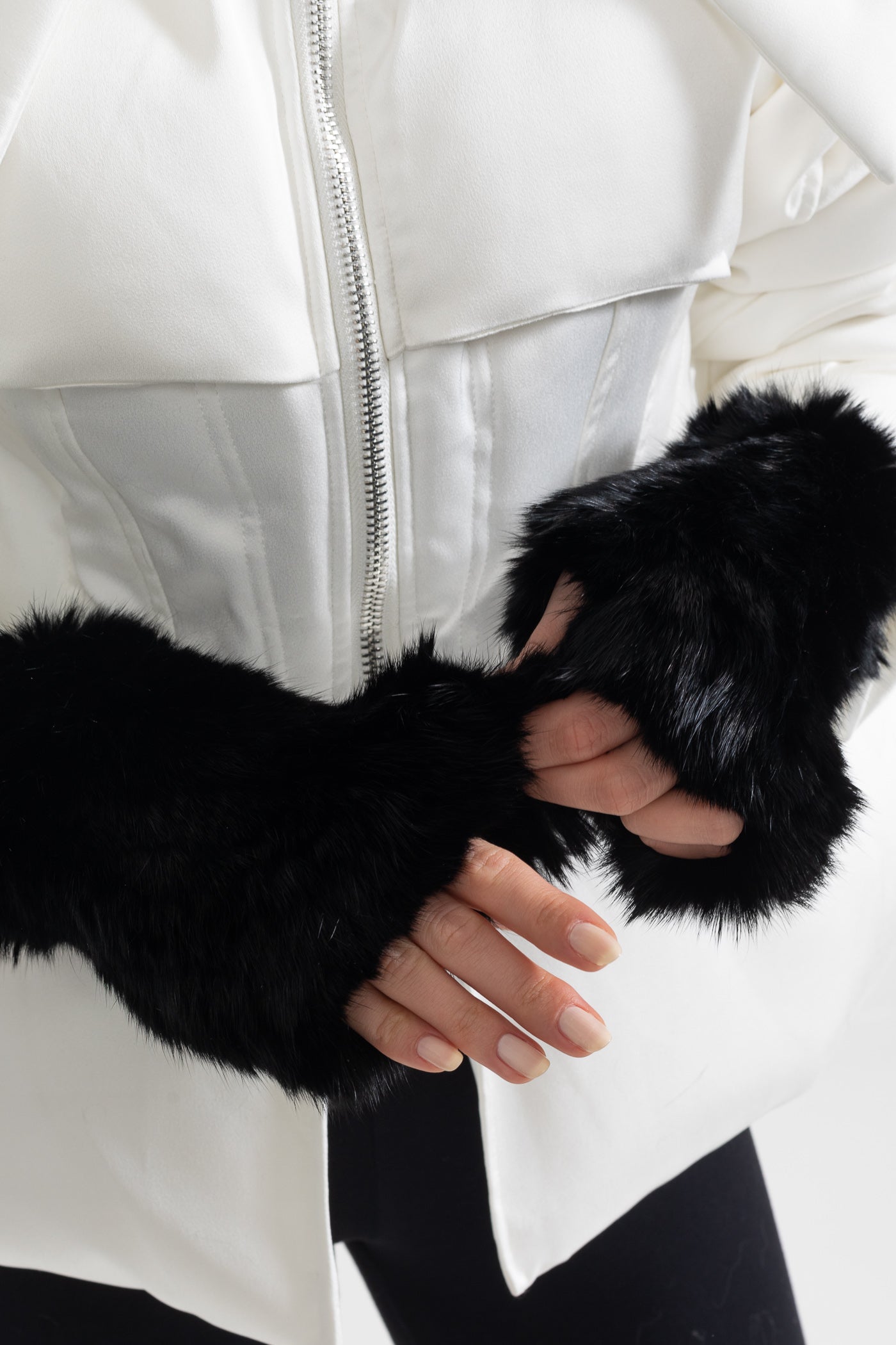 Rabbit Fur Fingerless Gloves - Black