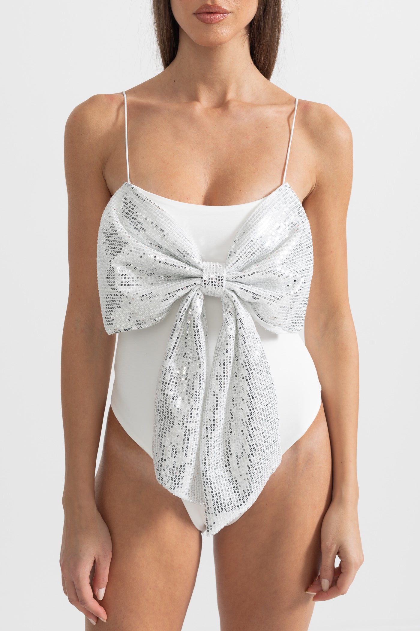 Bodysuit With Large Front Sequin Bow - White