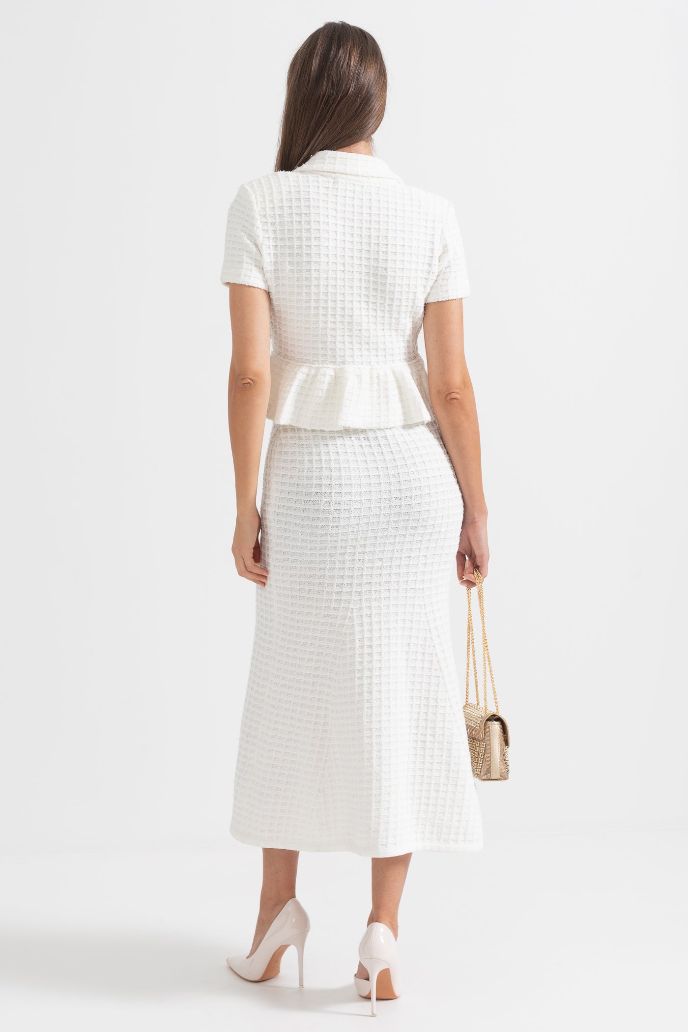 Knitted Midi Dress With Gold Buttons And Peplum Waist - White