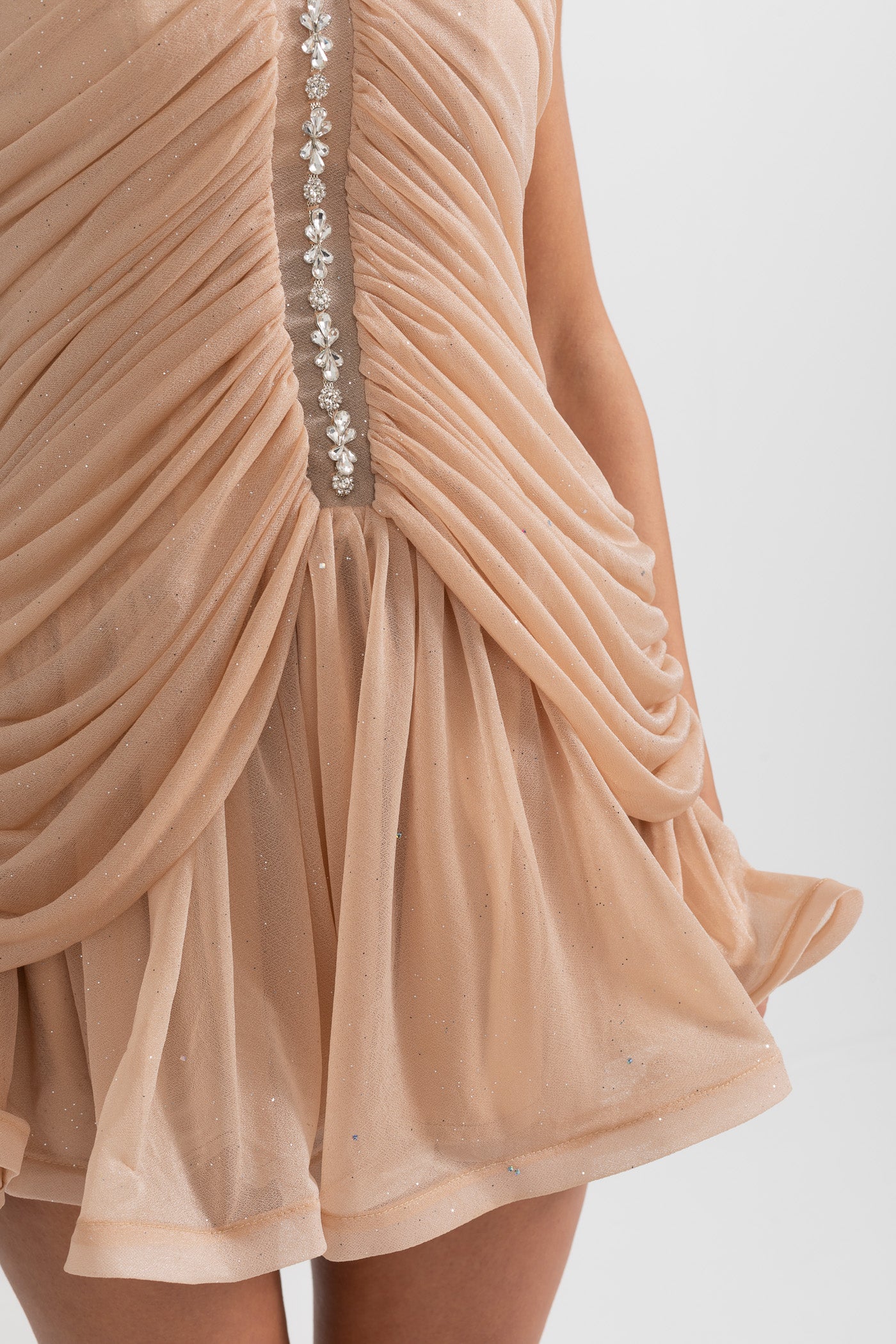 Sleeveless Halter Dress with Pearl Accents - Beige