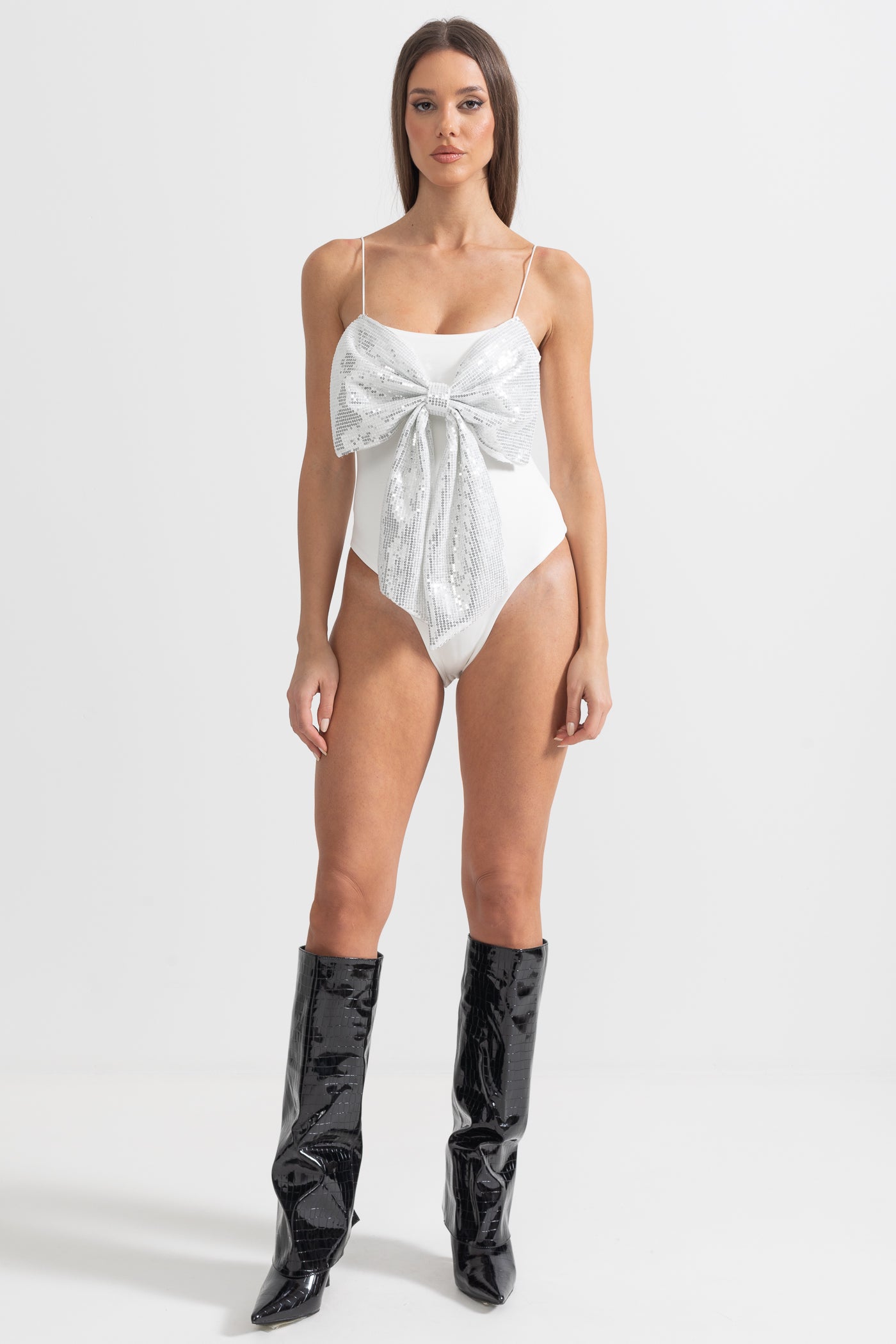 Bodysuit With Large Front Sequin Bow - White