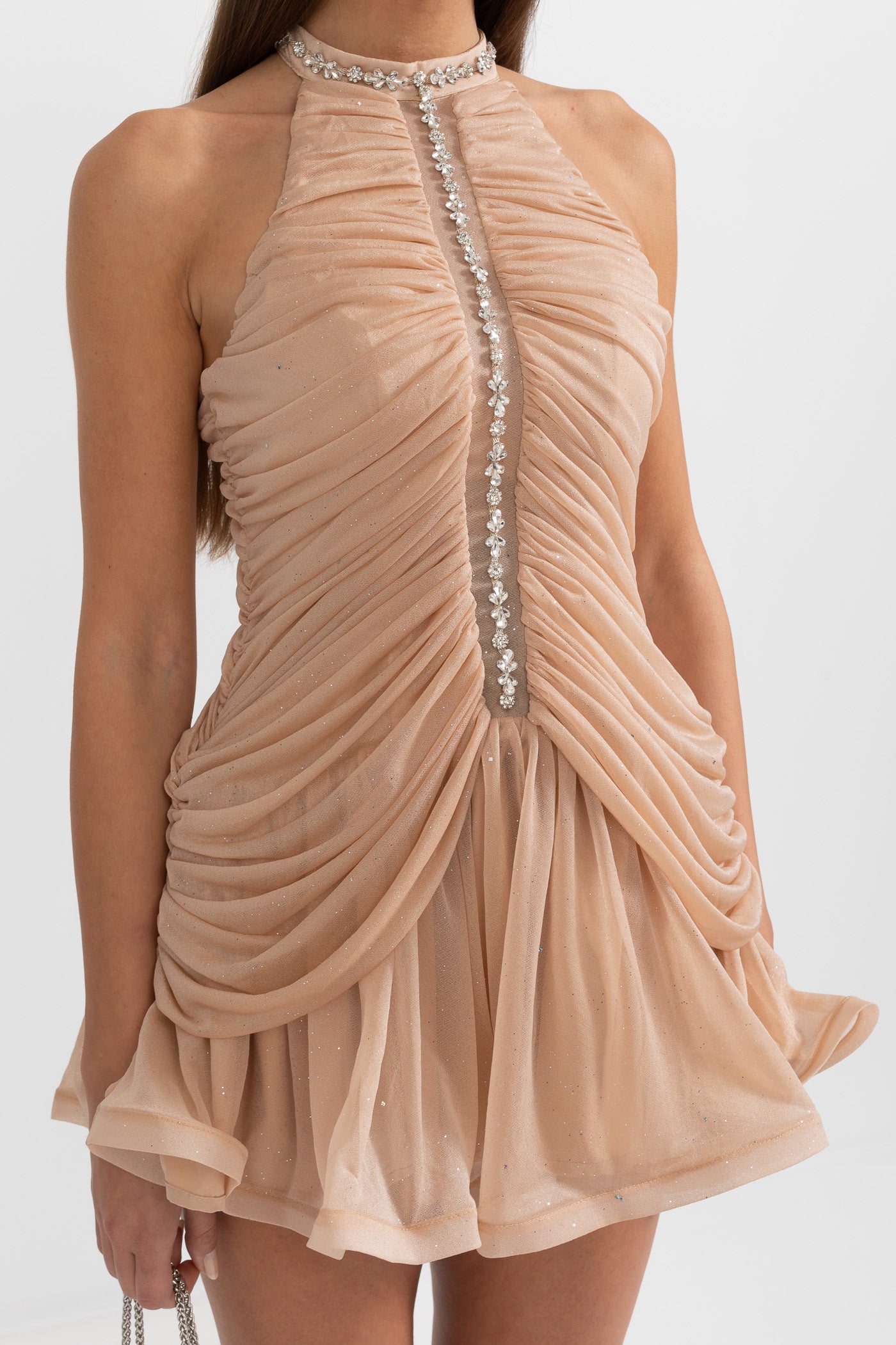 Sleeveless Halter Dress with Pearl Accents - Beige