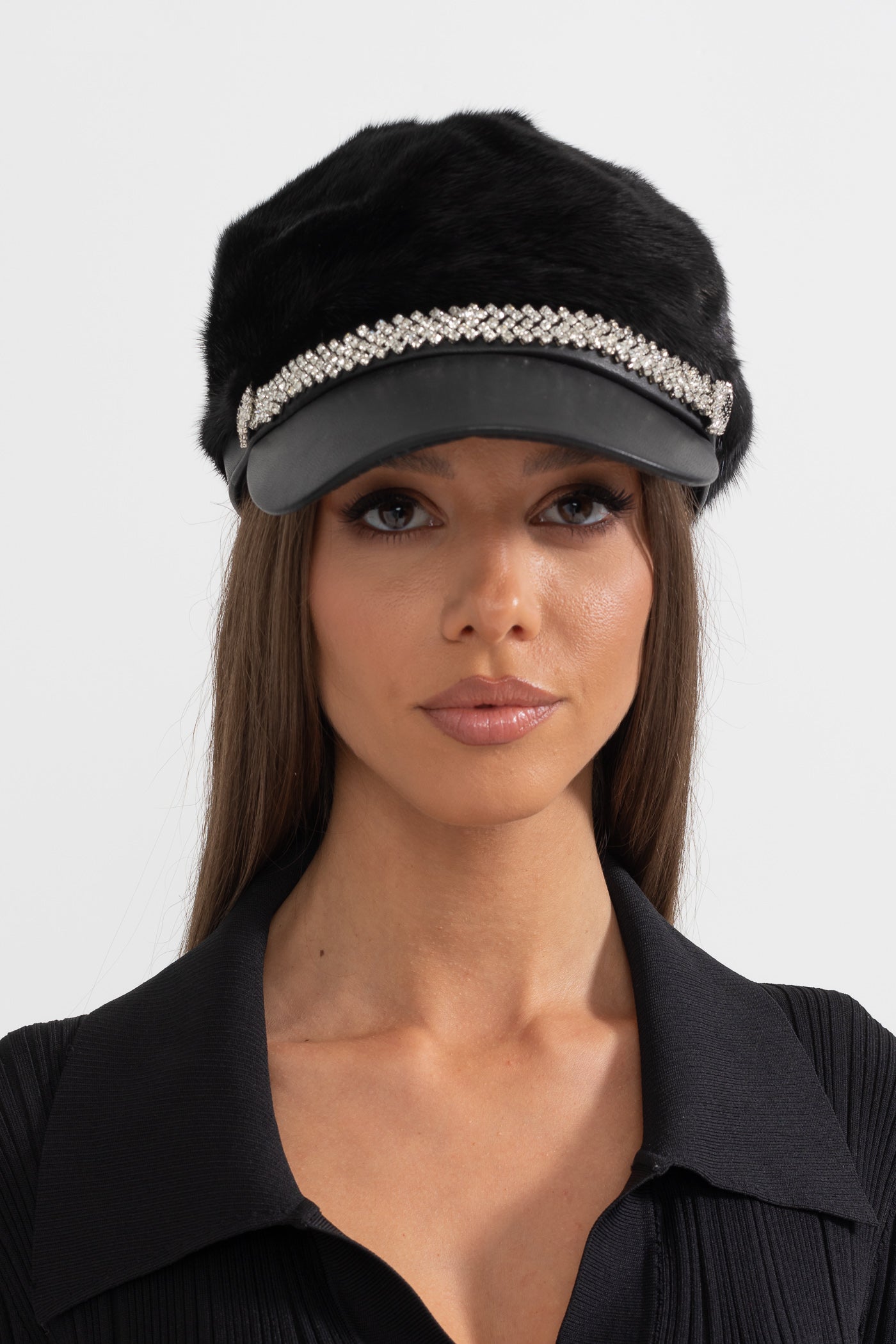 Mink Fur Hat With Leather Visor - Black