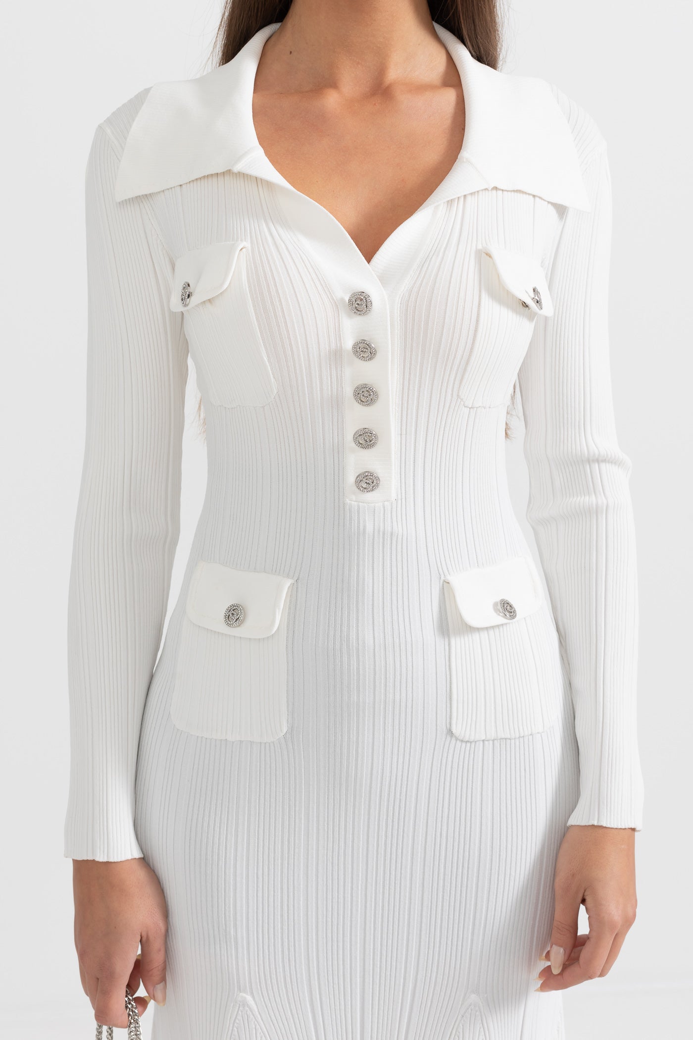 Elegant Ribbed Dress With Long Sleeves - White