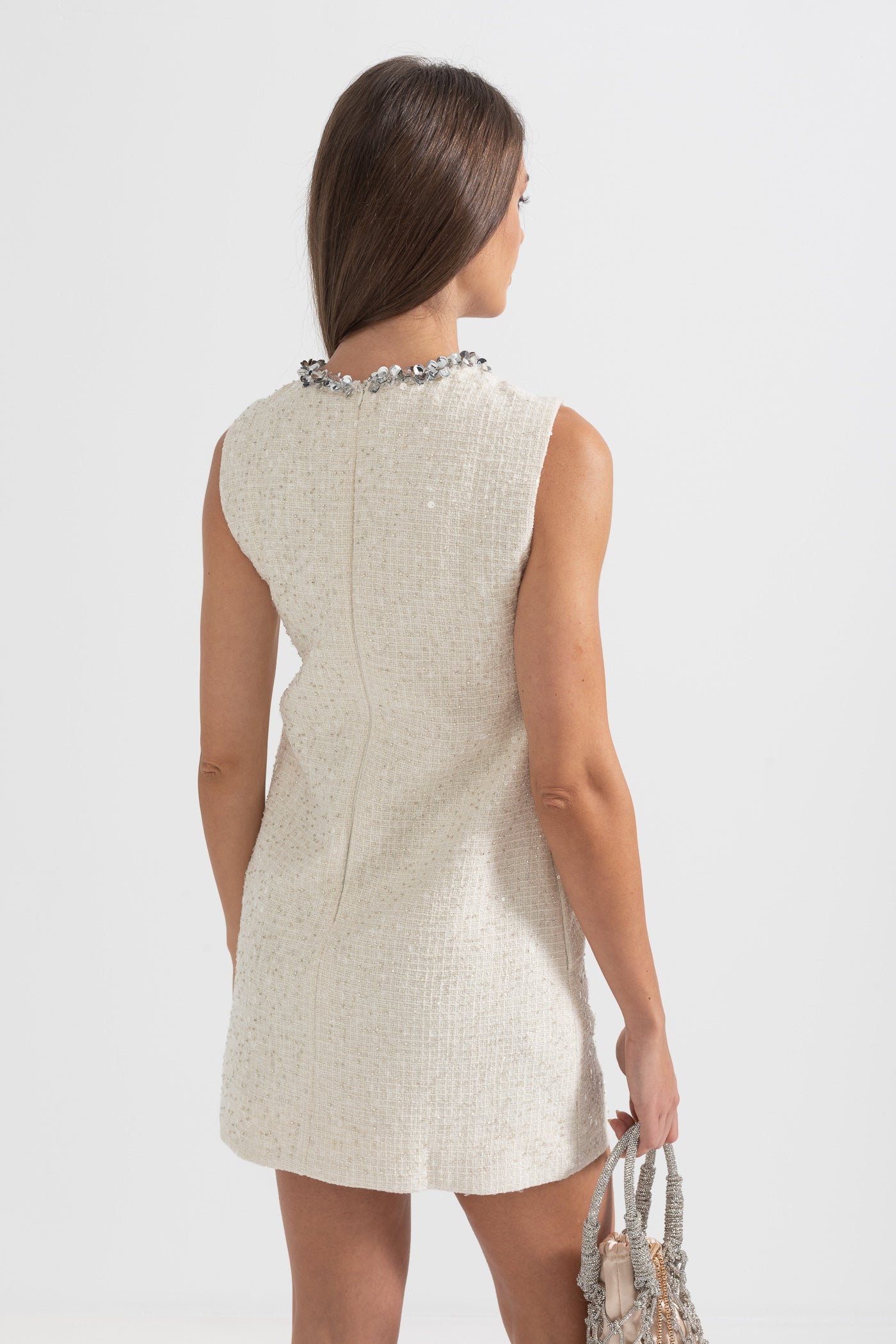 Textured Sleeveless Mini Dress With Sparkling Collar Details - Ivoire