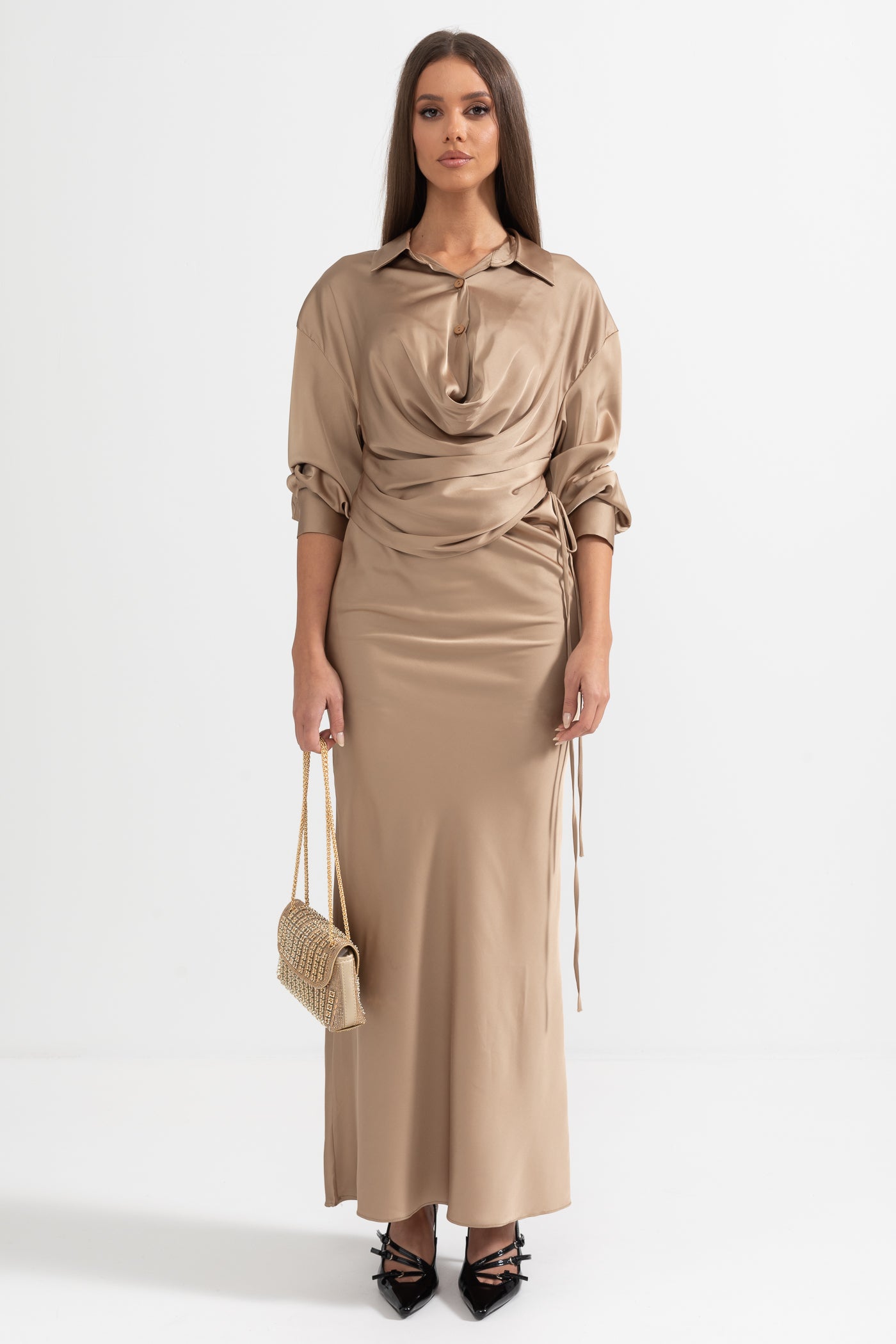 Elegant Draped Two-Piece Set - Bronze