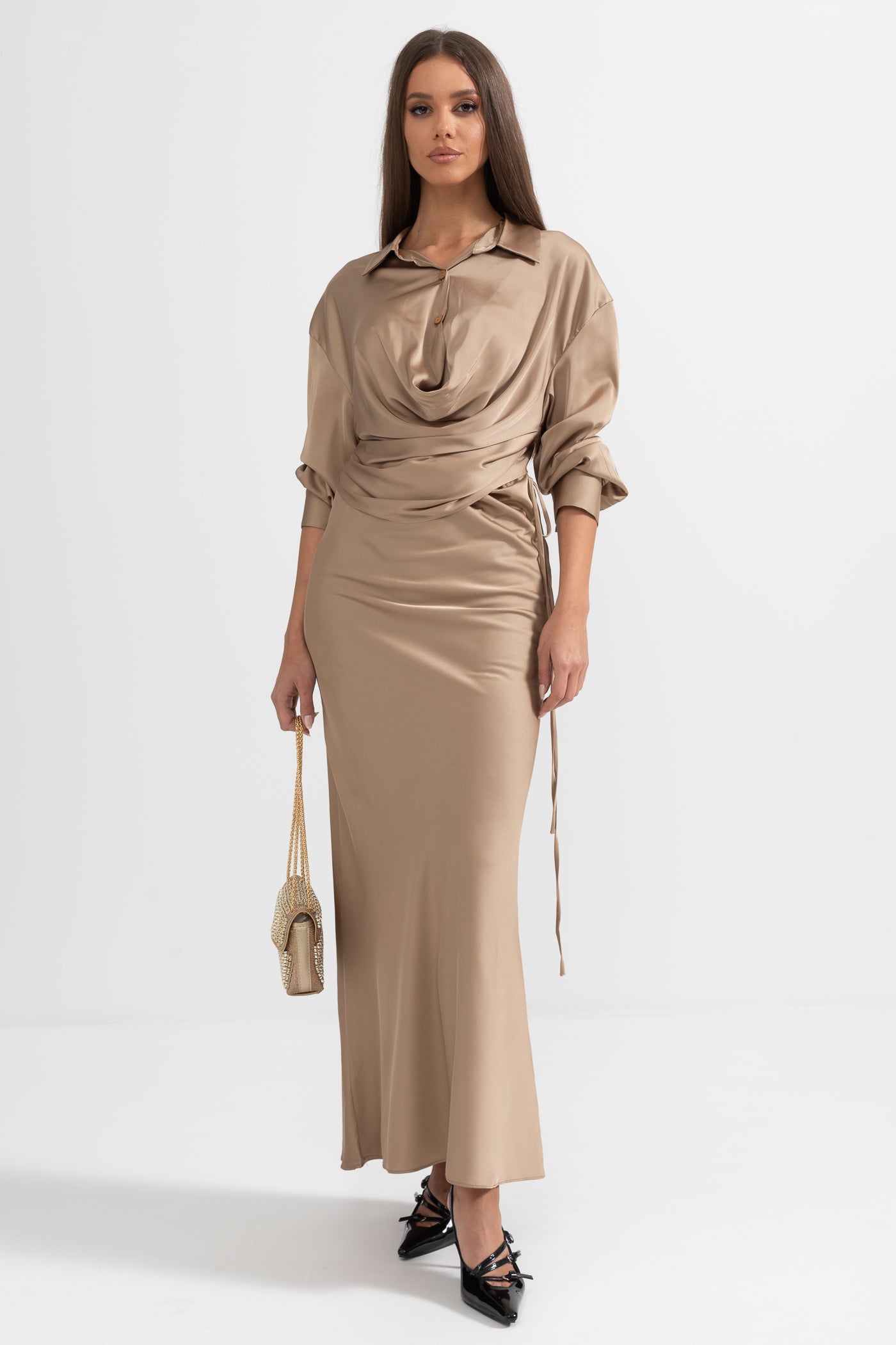 Elegant Draped Two-Piece Set - Bronze