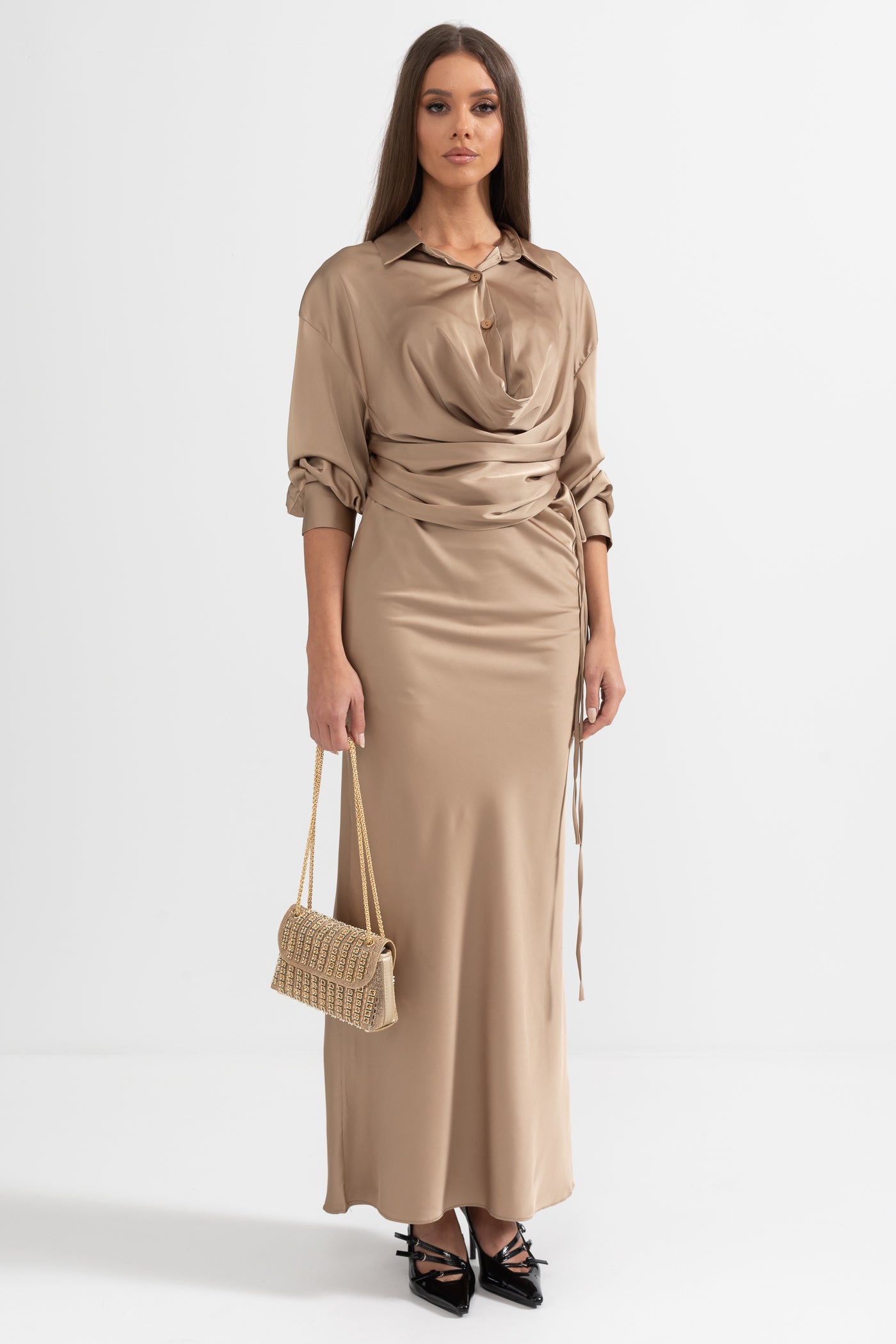 Elegant Draped Two-Piece Set - Bronze