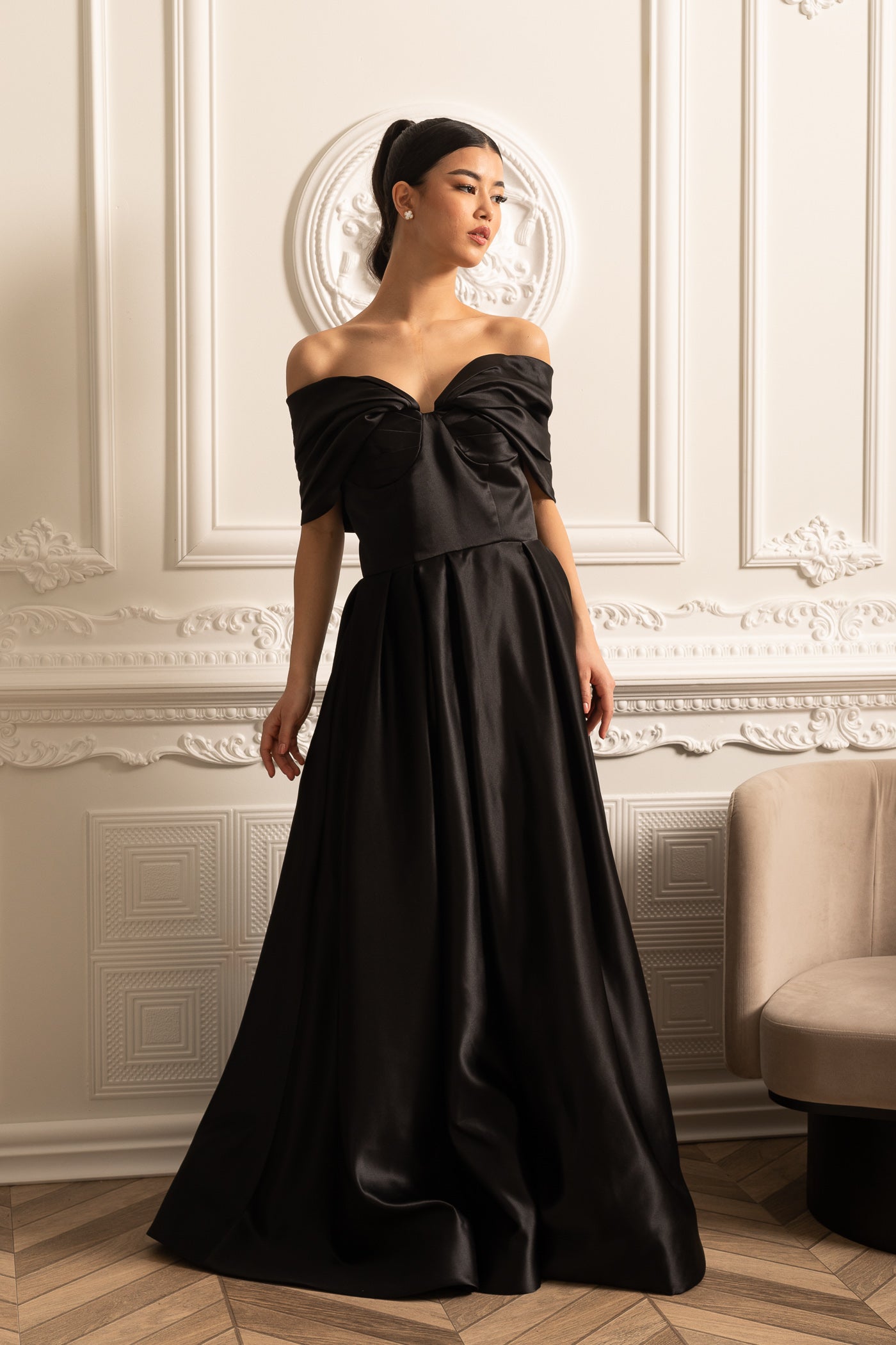Off-Shoulder Satin Gown With Draping Skirt And Back Laces Closure - Black