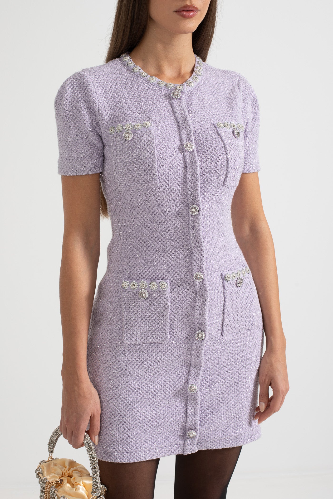 Textured Mini Dress With Front Pockets - Purple