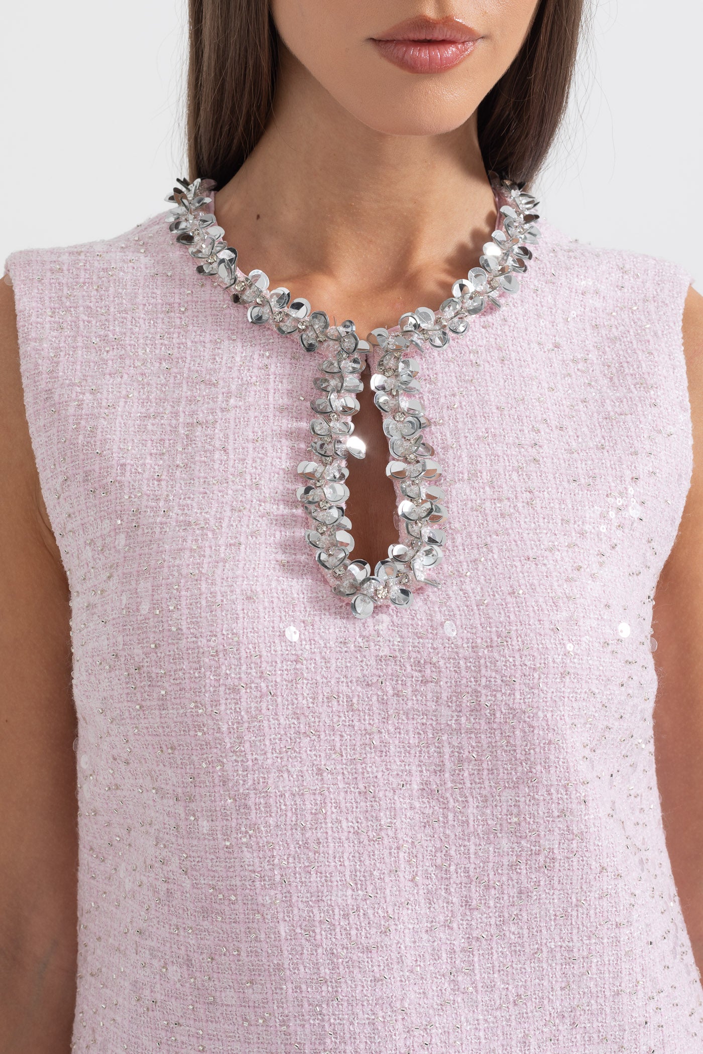 Textured Sleeveless Mini Dress With Sparkling Collar Details  - Pink