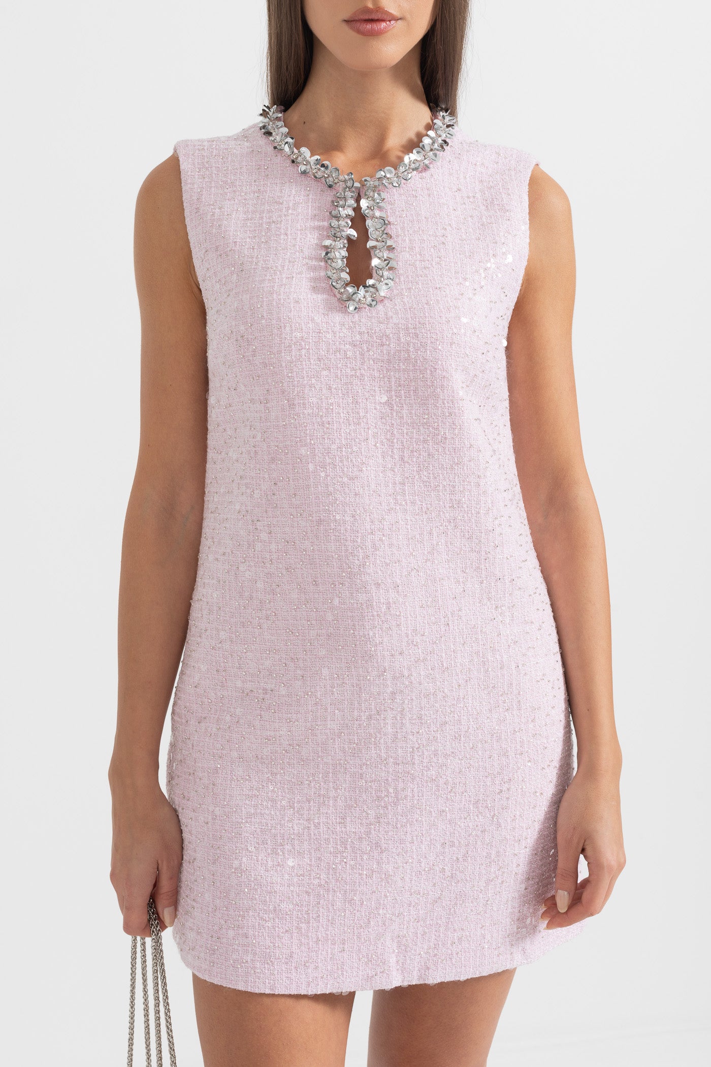 Textured Sleeveless Mini Dress With Sparkling Collar Details  - Pink