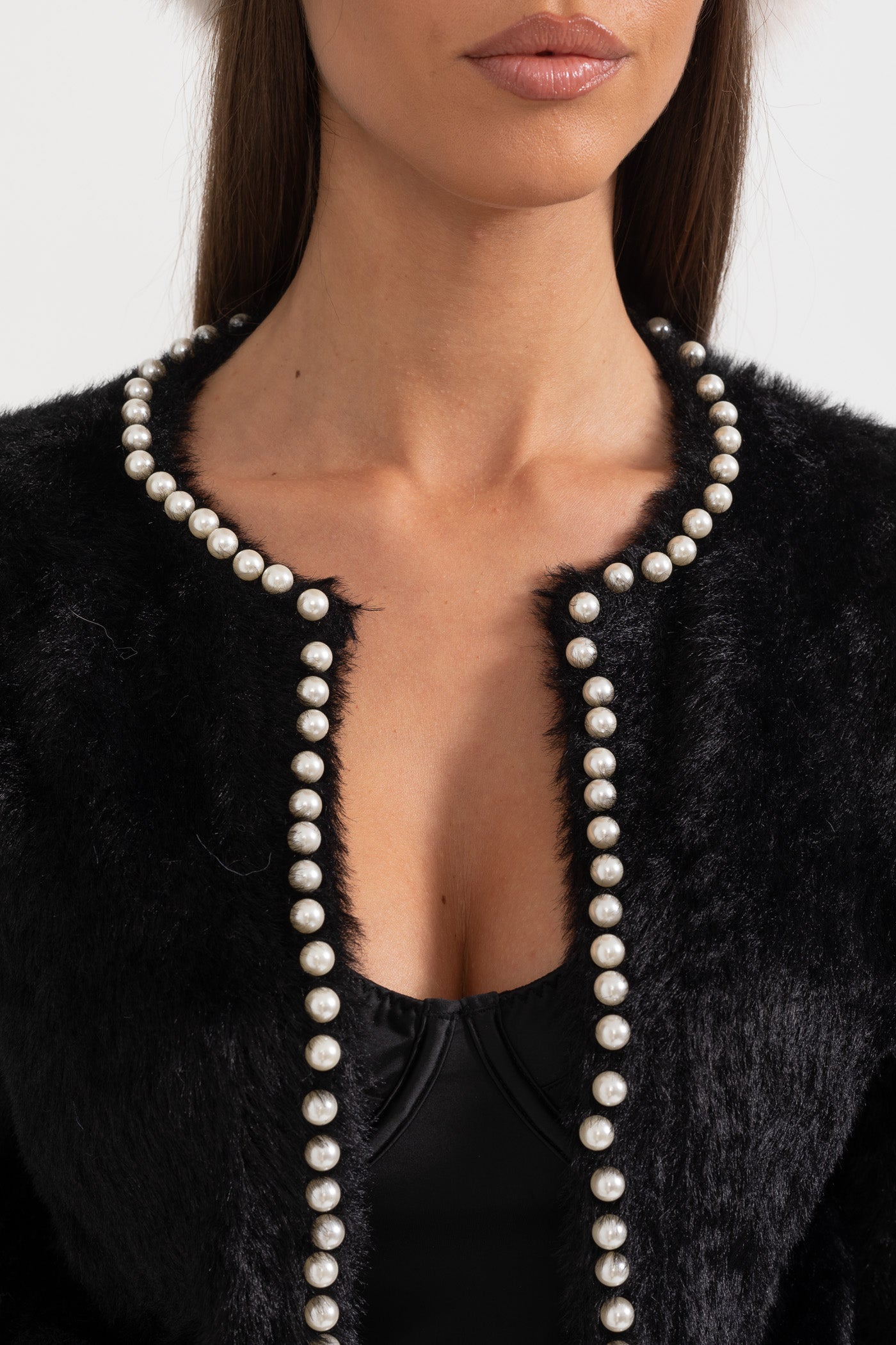 Fluffy Cardigan With Pearl Detailing - Black