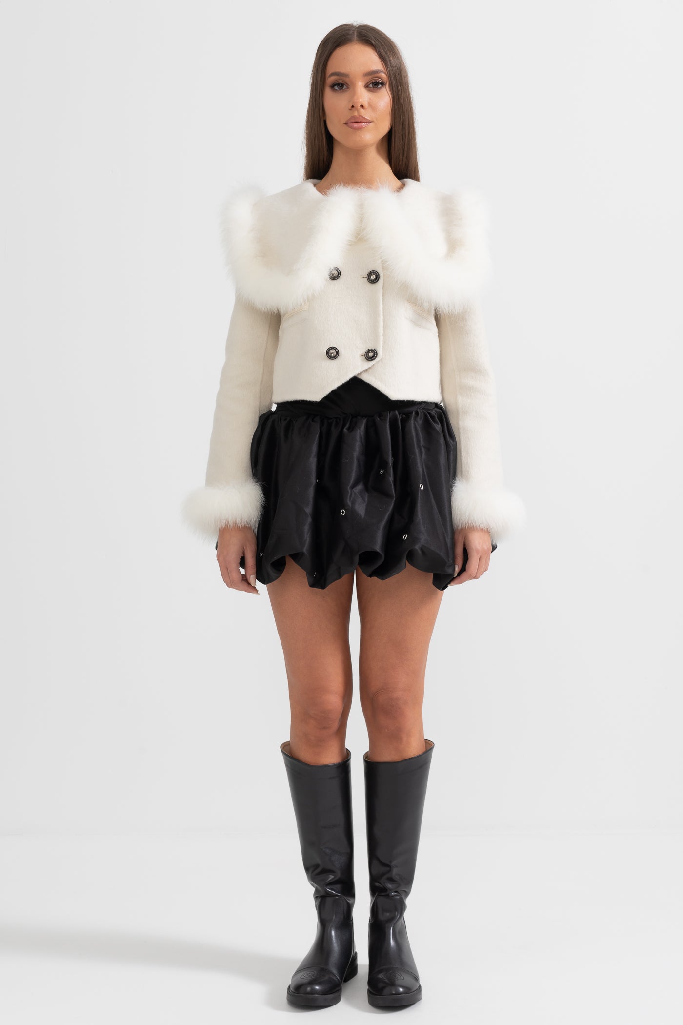 Double Breasted Cropped Jacket With Fur Collar Embellishment - White