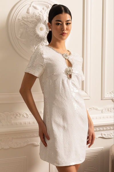 Sequin Mini Dress With Floral Brooches And Sparkling