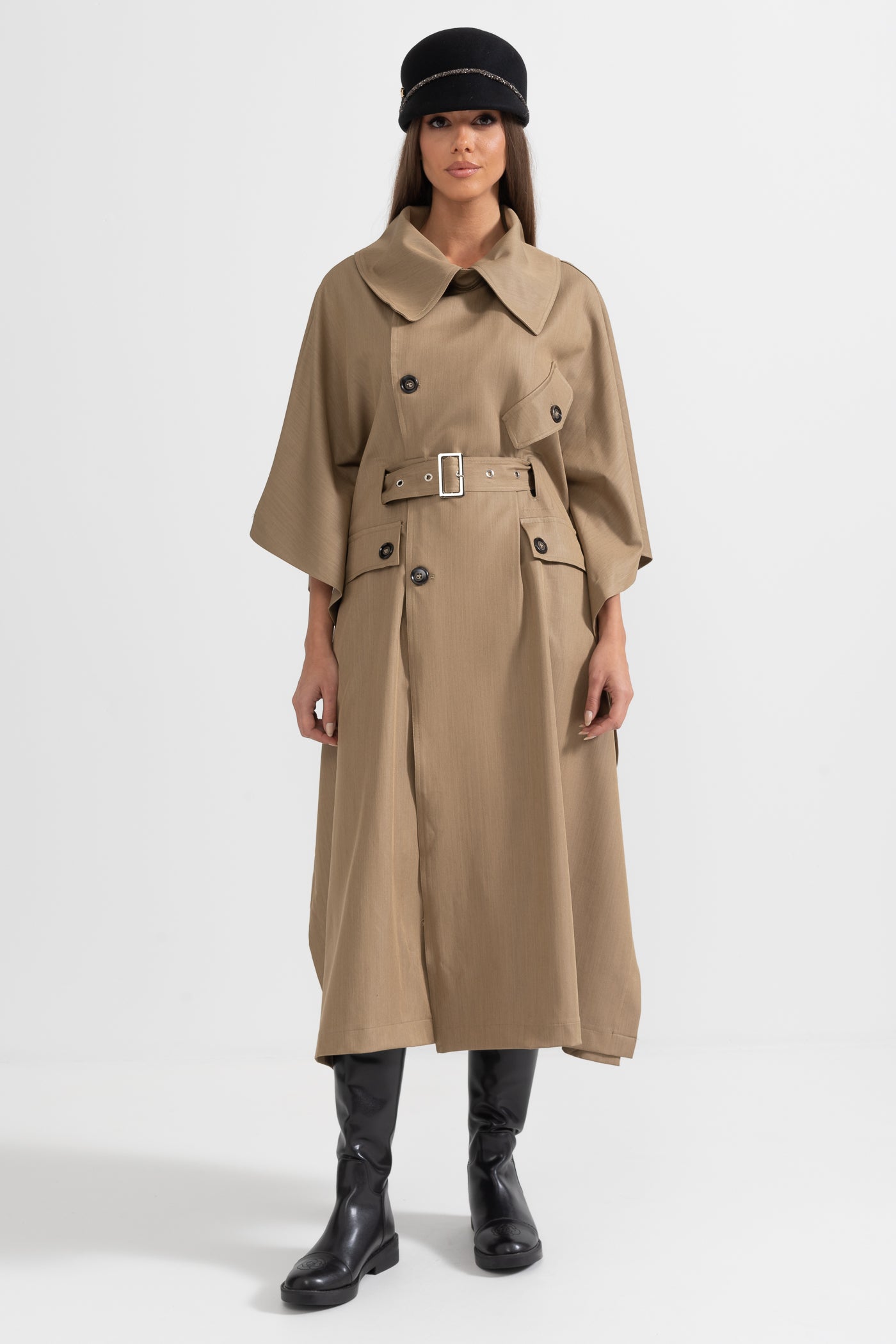 Trench Coat With Cape-Like Sleeve Construction - Khaki