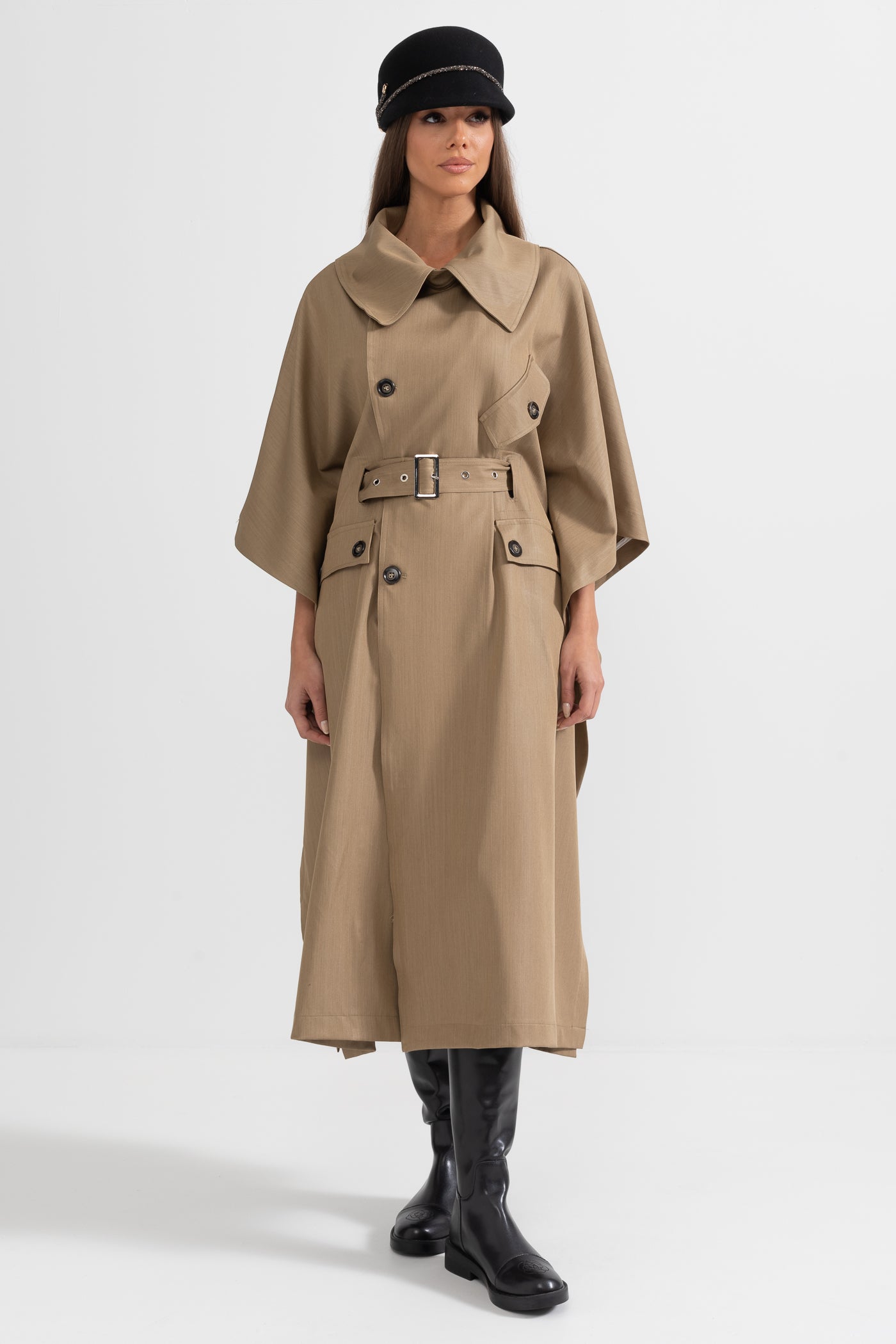 Trench Coat With Cape-Like Sleeve Construction - Khaki