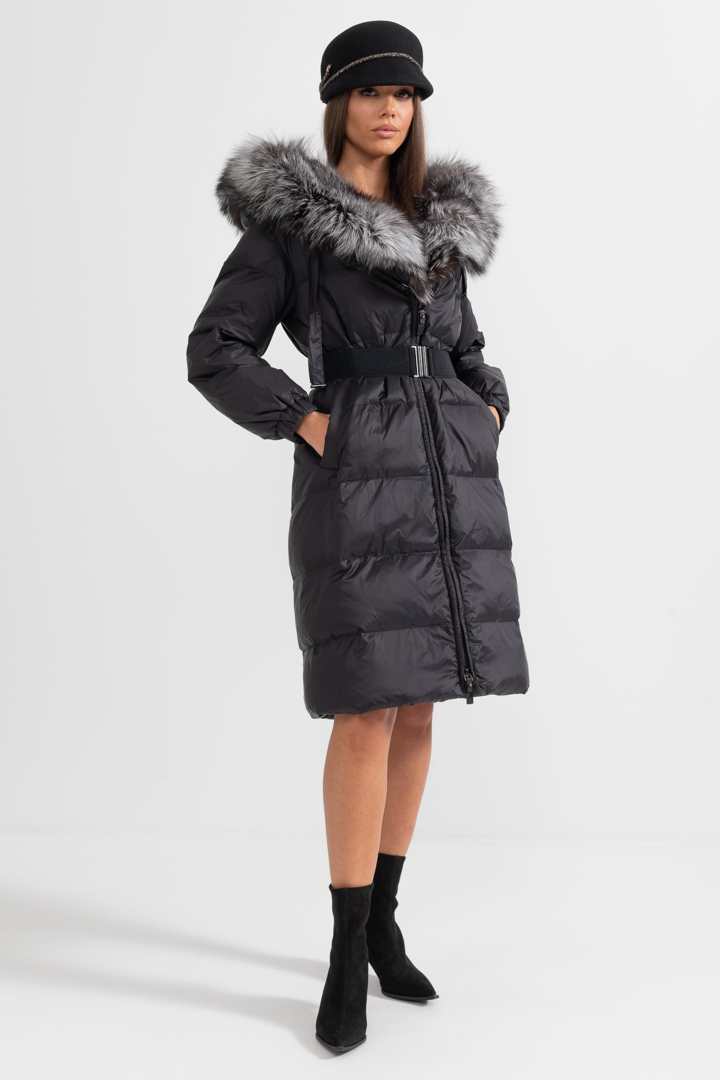 Long Puffer Jacket With Gray Fox Fur-Lined Hood - Black