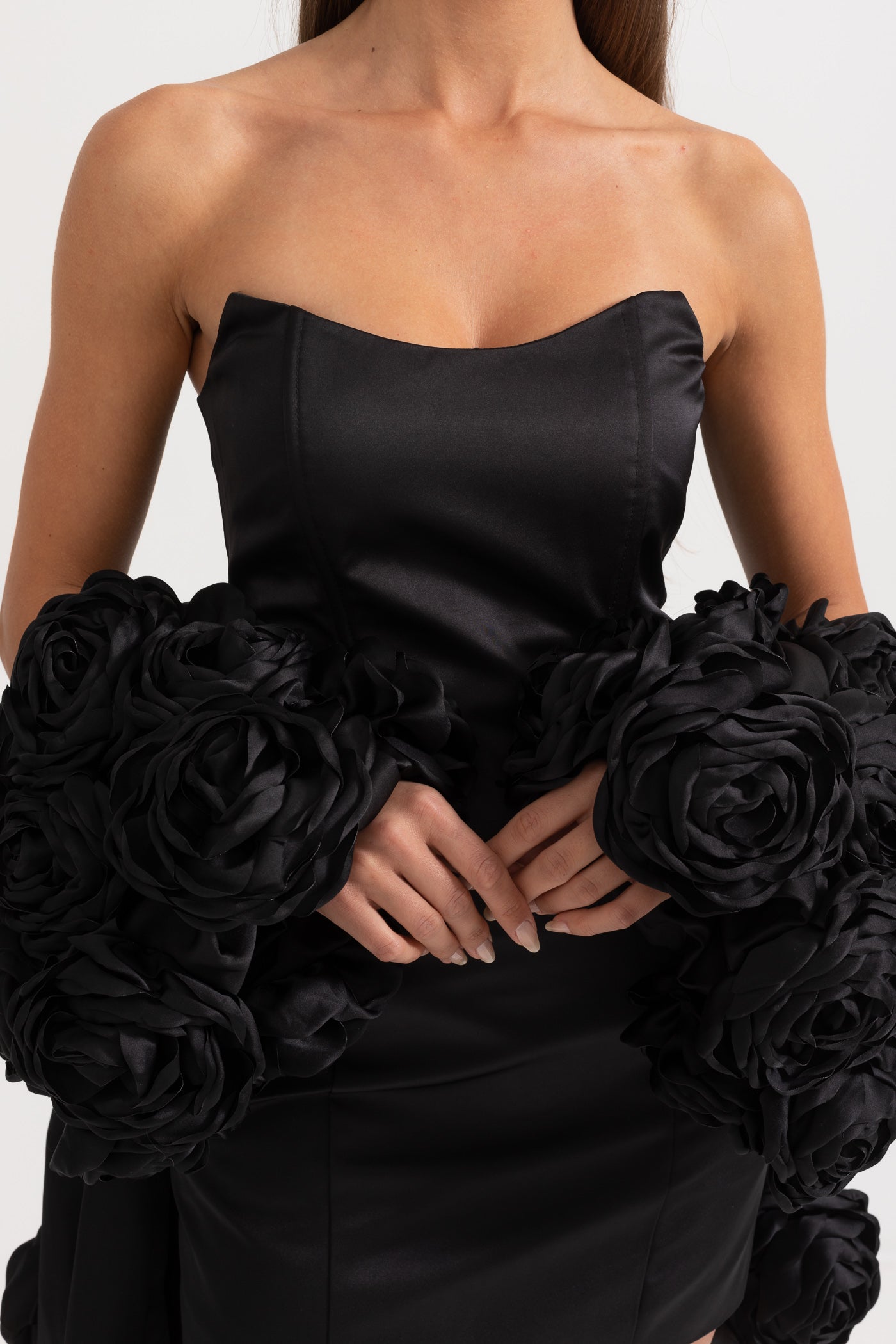 Mini Strapless Dress With Detachable 3D Floral Adornments - Black