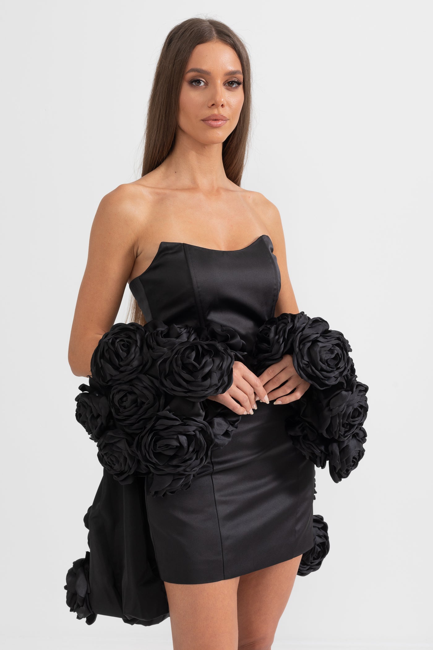 Mini Strapless Dress With Detachable 3D Floral Adornments - Black