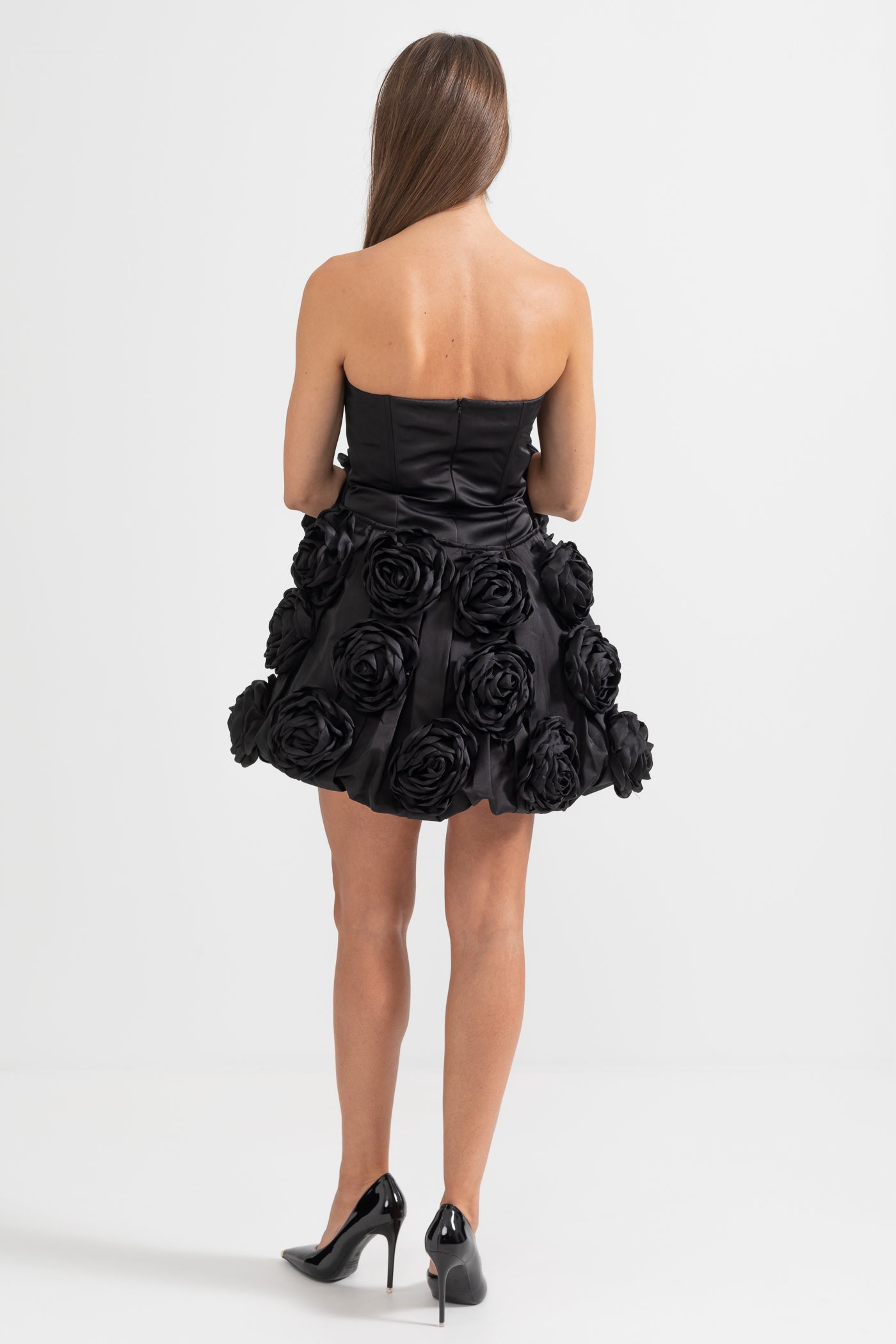 Mini Strapless Dress With Detachable 3D Floral Adornments - Black