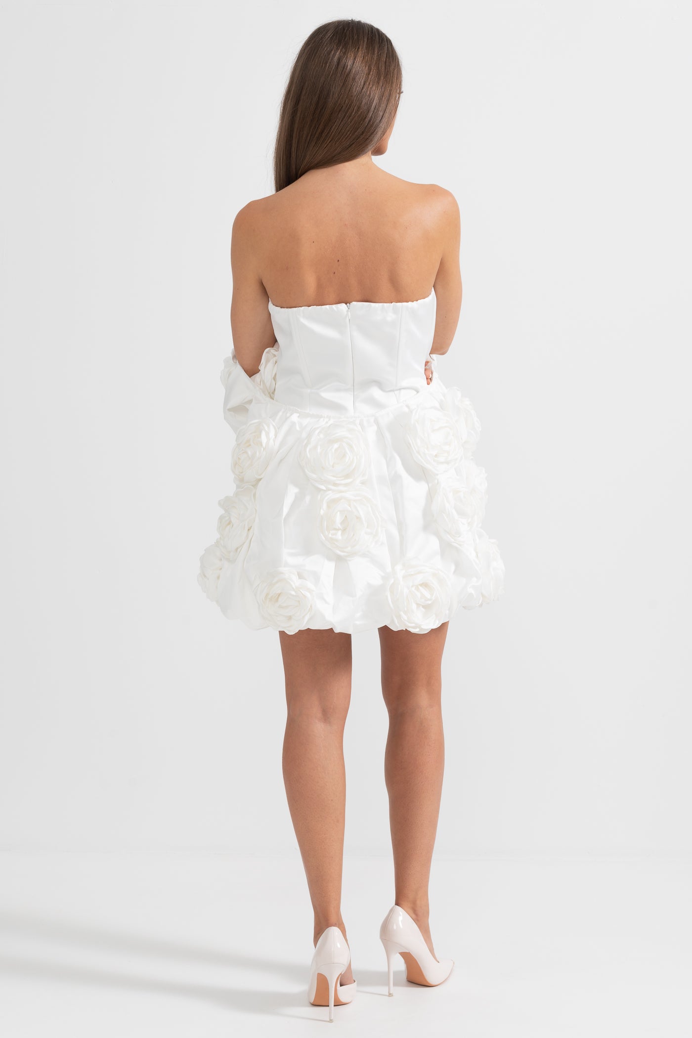 Mini Strapless Dress With Detachable 3D Floral Adornments - White