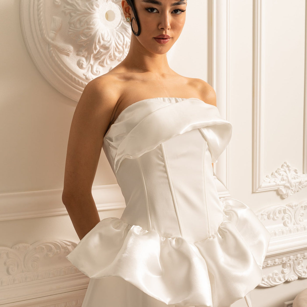 Mini Satin Dress With Fitted Bodice And Ruffled Skirt