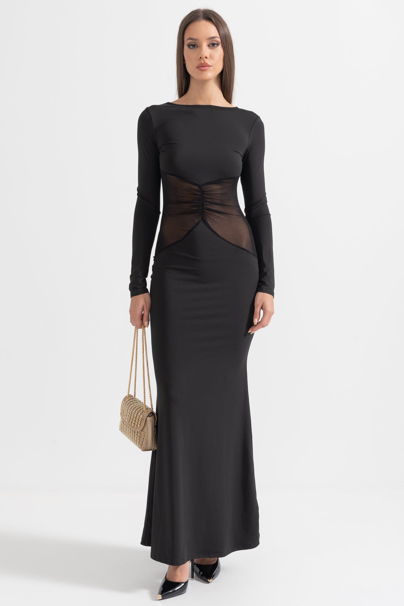 Elegant Long Dress With See-Through Waist  - Black