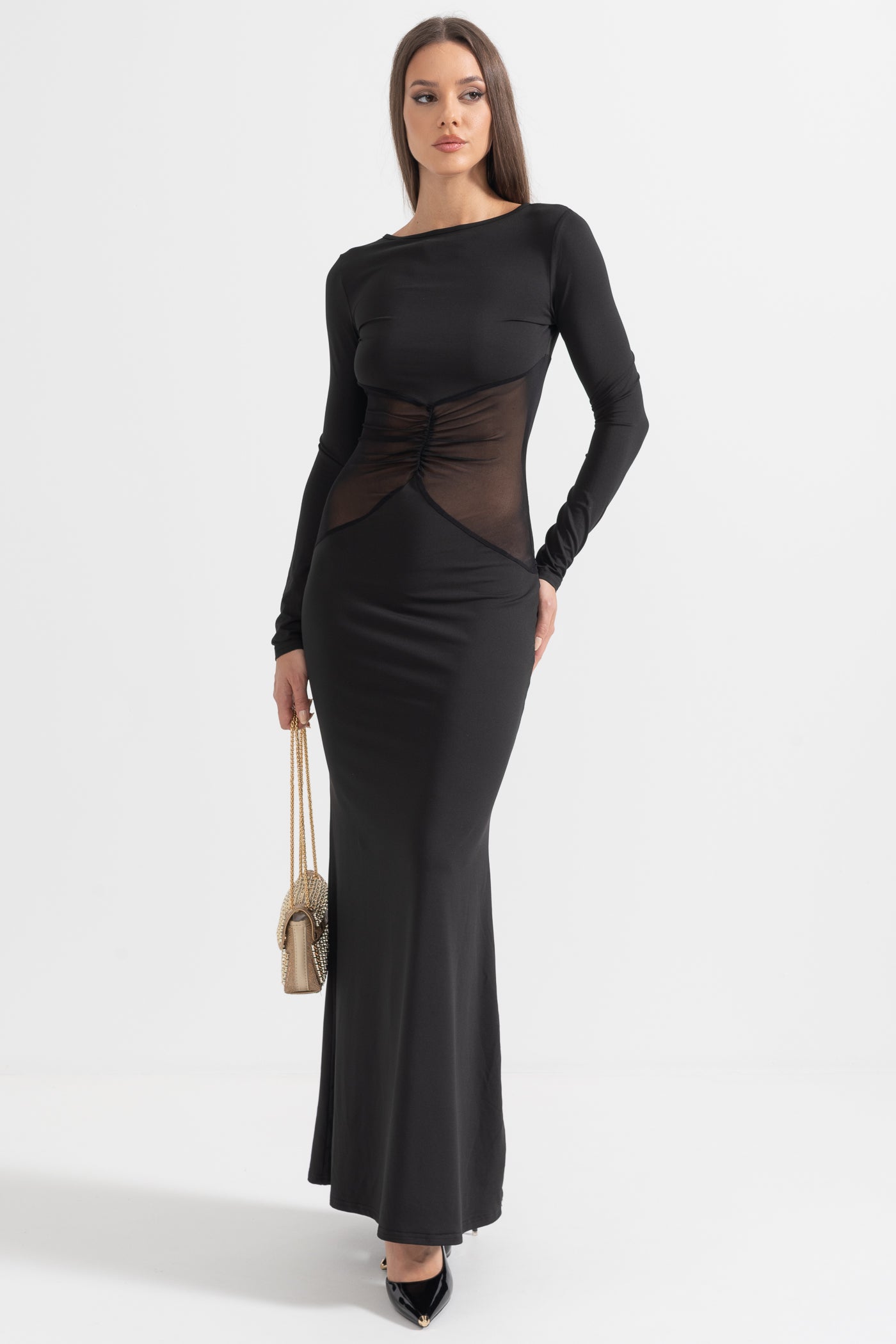 Elegant Long Dress With See-Through Waist  - Black