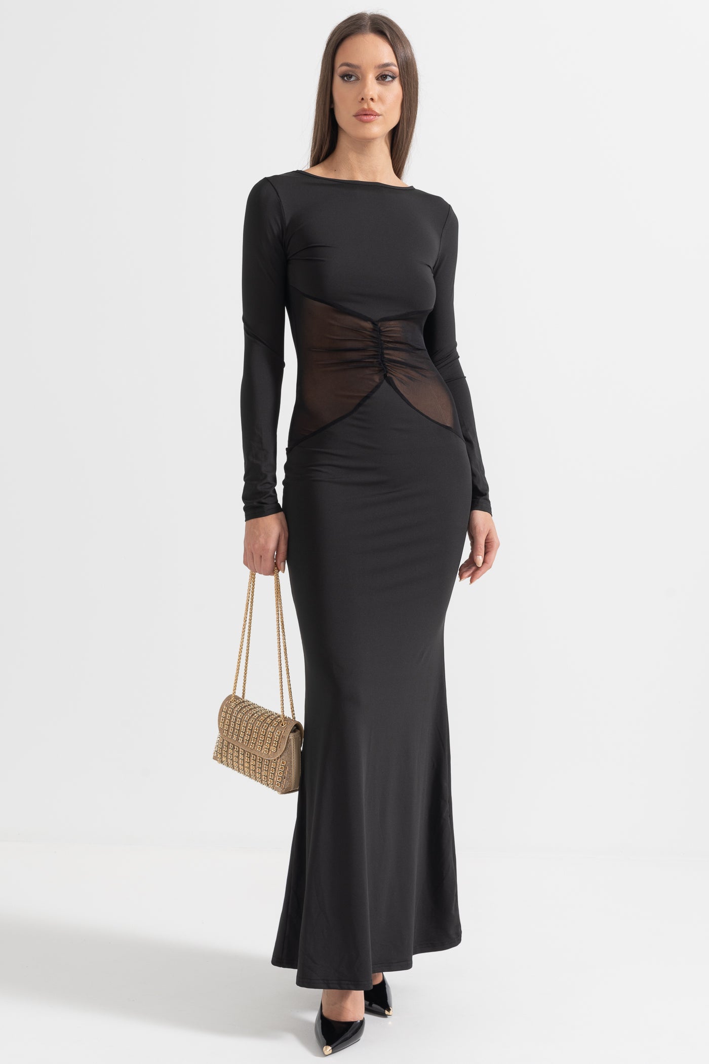 Elegant Long Dress With See-Through Waist  - Black