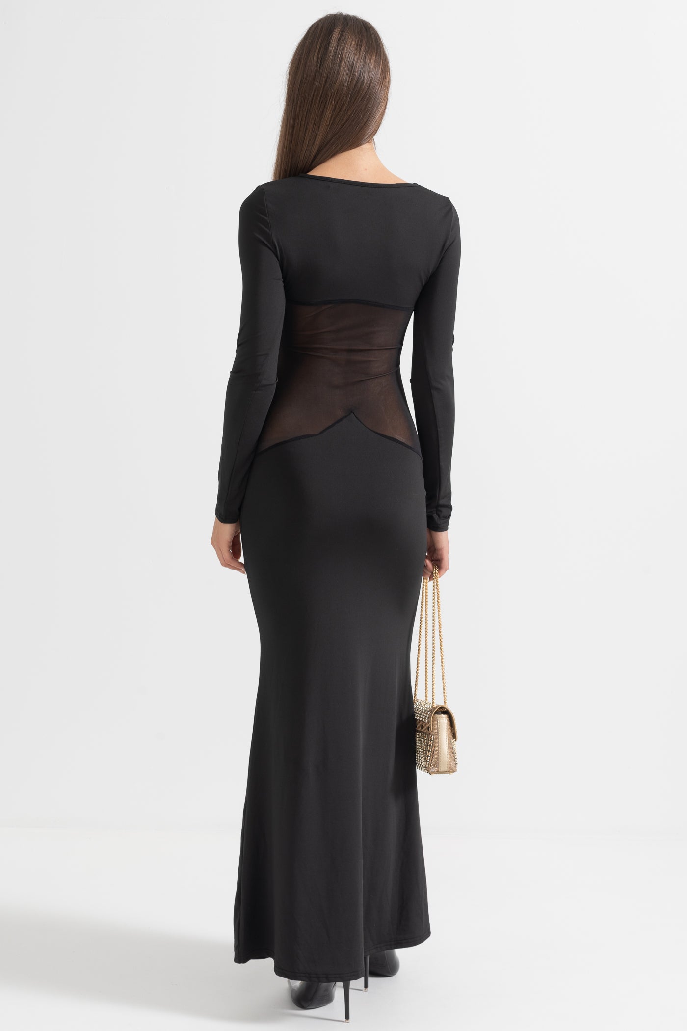 Elegant Long Dress With See-Through Waist  - Black