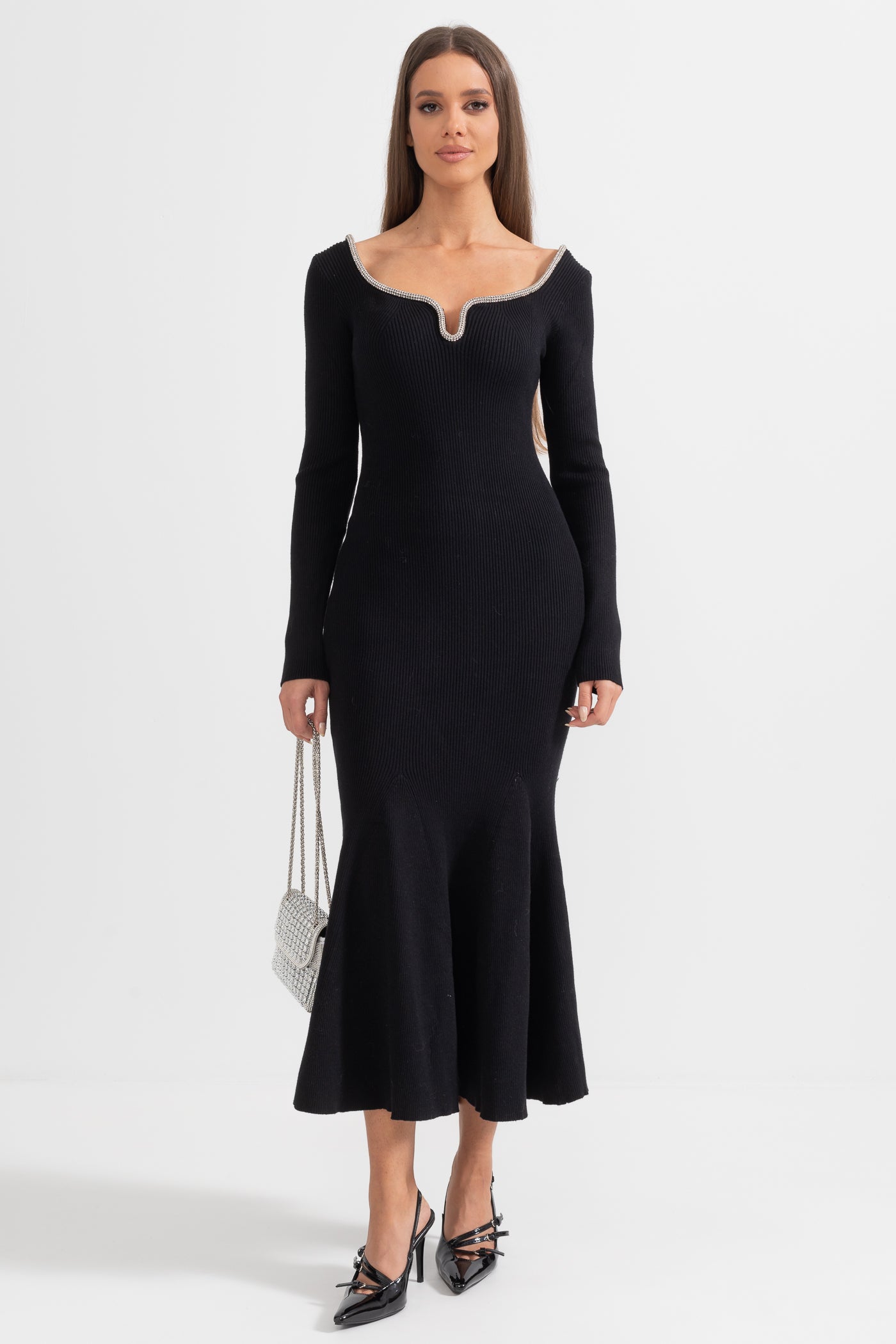 Long Sleeve Dress with Fitted Bodice and Flared Hem - Black