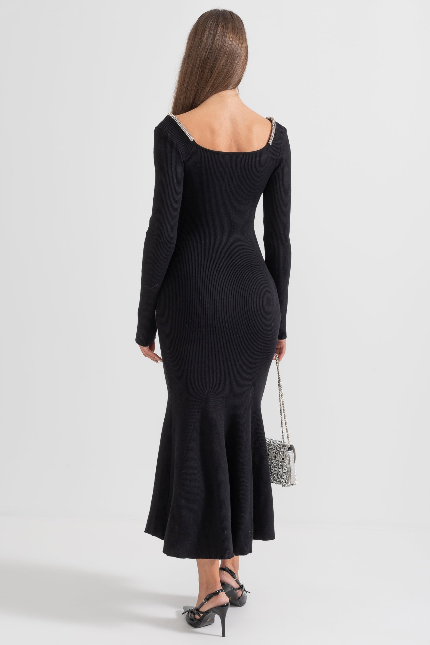 Long Sleeve Dress with Fitted Bodice and Flared Hem - Black