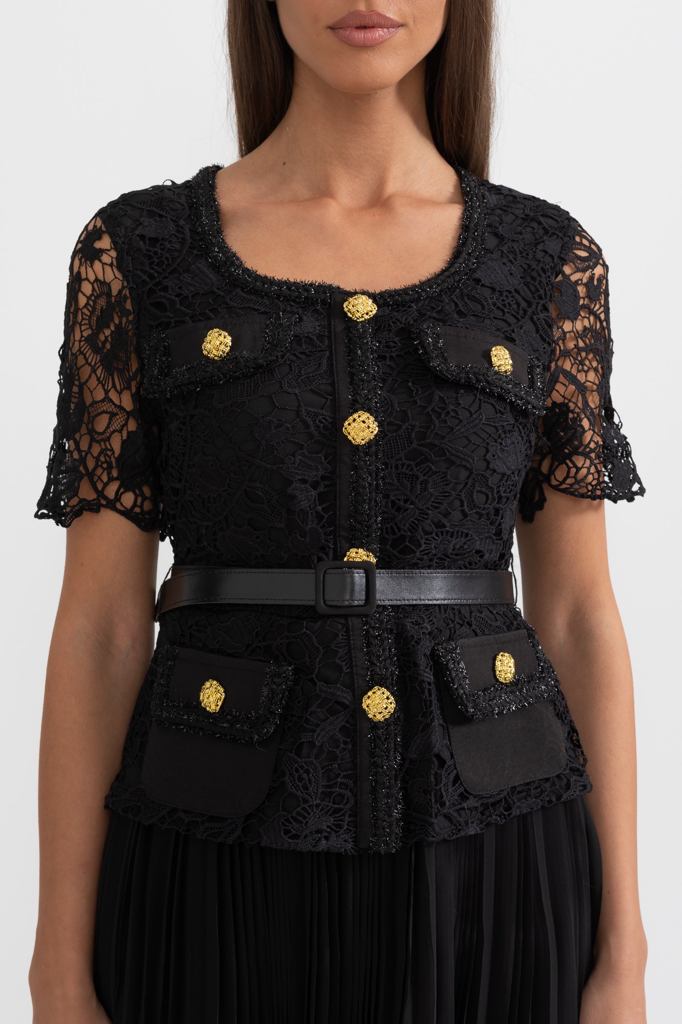 Elegant Short Sleeved Dress With Lace Top And Flared Skirt - Black