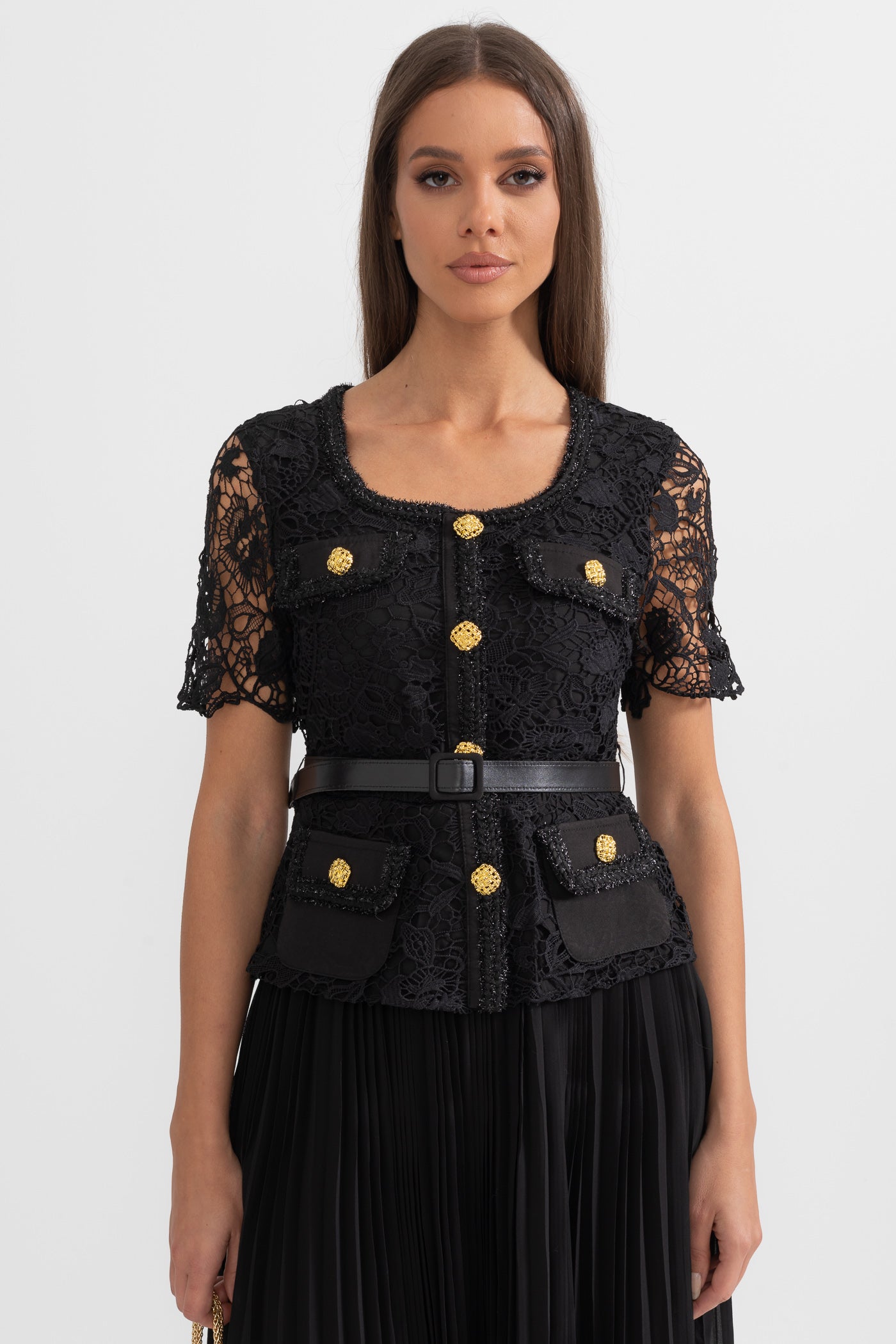 Elegant Short Sleeved Dress With Lace Top And Flared Skirt - Black